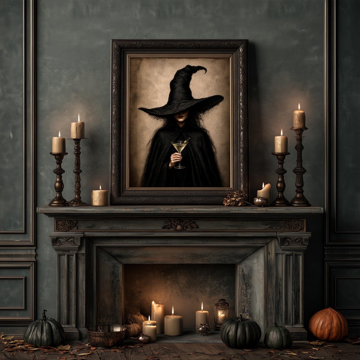 Gothic witch portrait over a fireplace dressed with candles and pumpkins