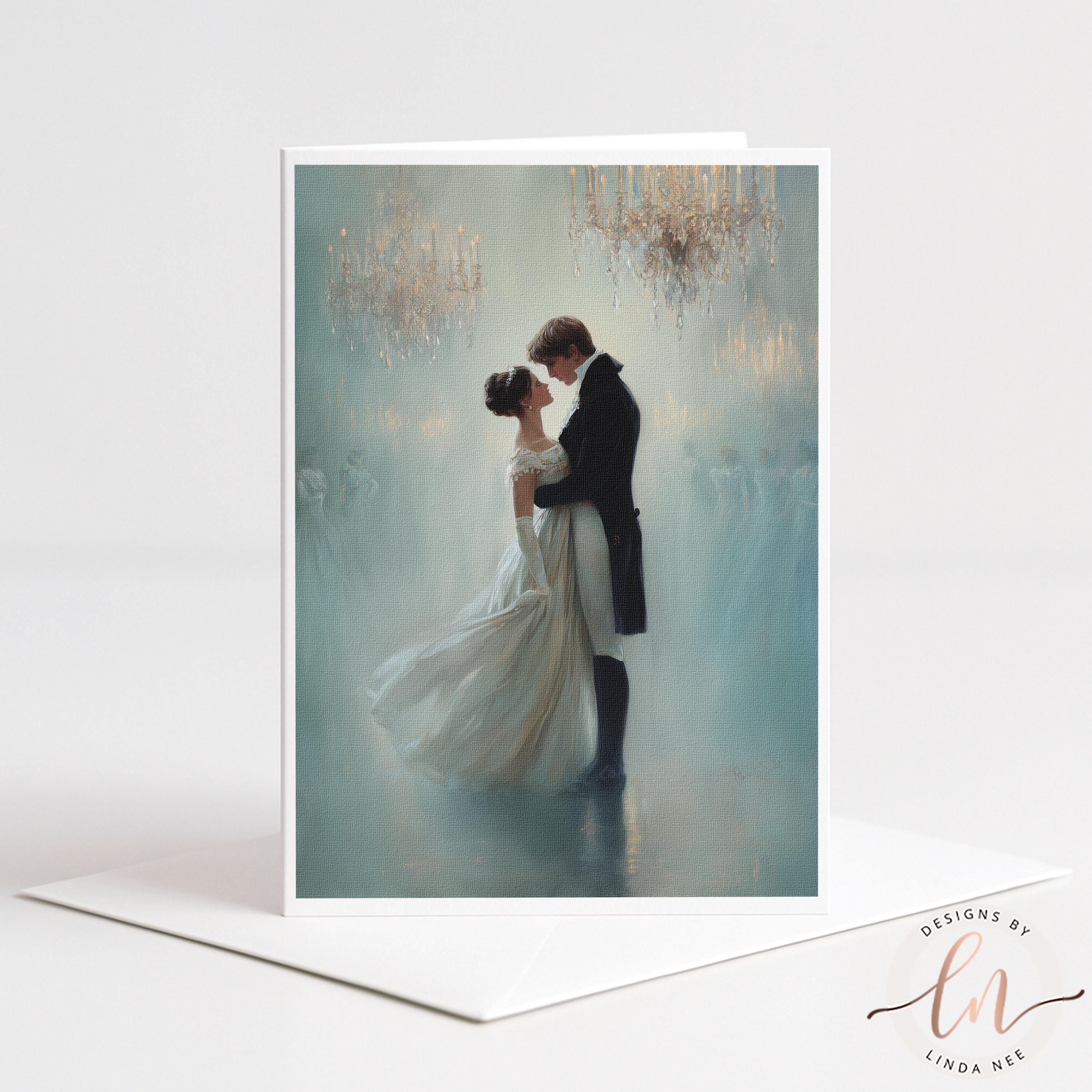 A painting of a couple dressed in formal attire, embracing each other in a romantic dance, with a chandelier in the background.