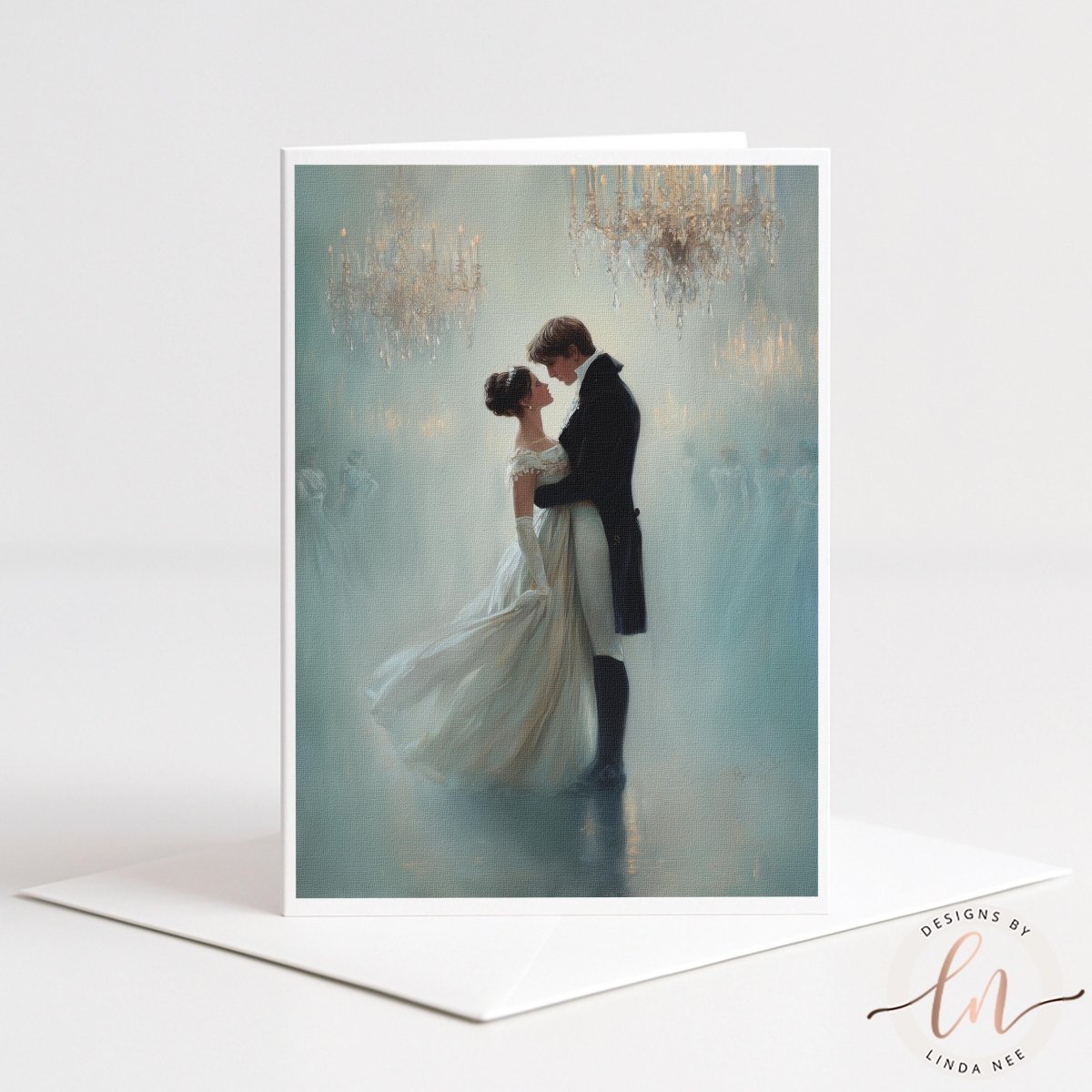 A painting of a couple dressed in formal attire, embracing each other in a romantic dance, with a chandelier in the background.