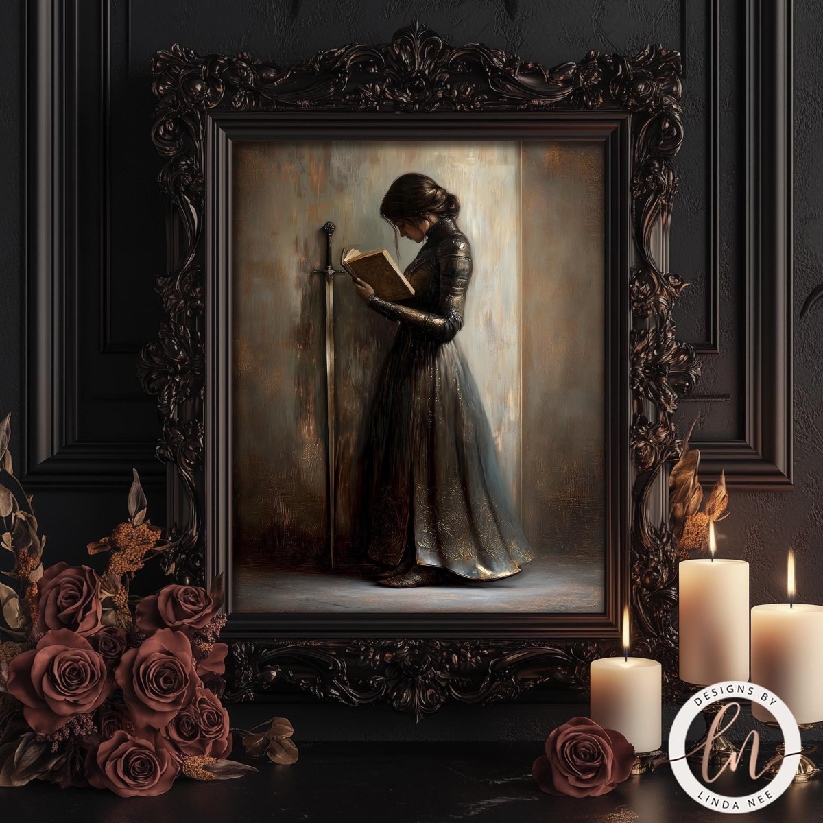 a woman in a long dress holding a book, standing in a dark room with a sword in her hand. The room is decorated with candles and roses, creating a mysterious and elegant atmosphere.