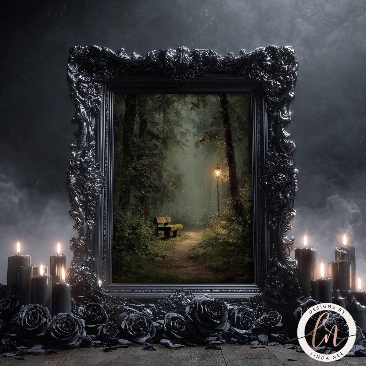 a dark, moody scene with a bench in the middle of a forest, surrounded by candles and a black frame.