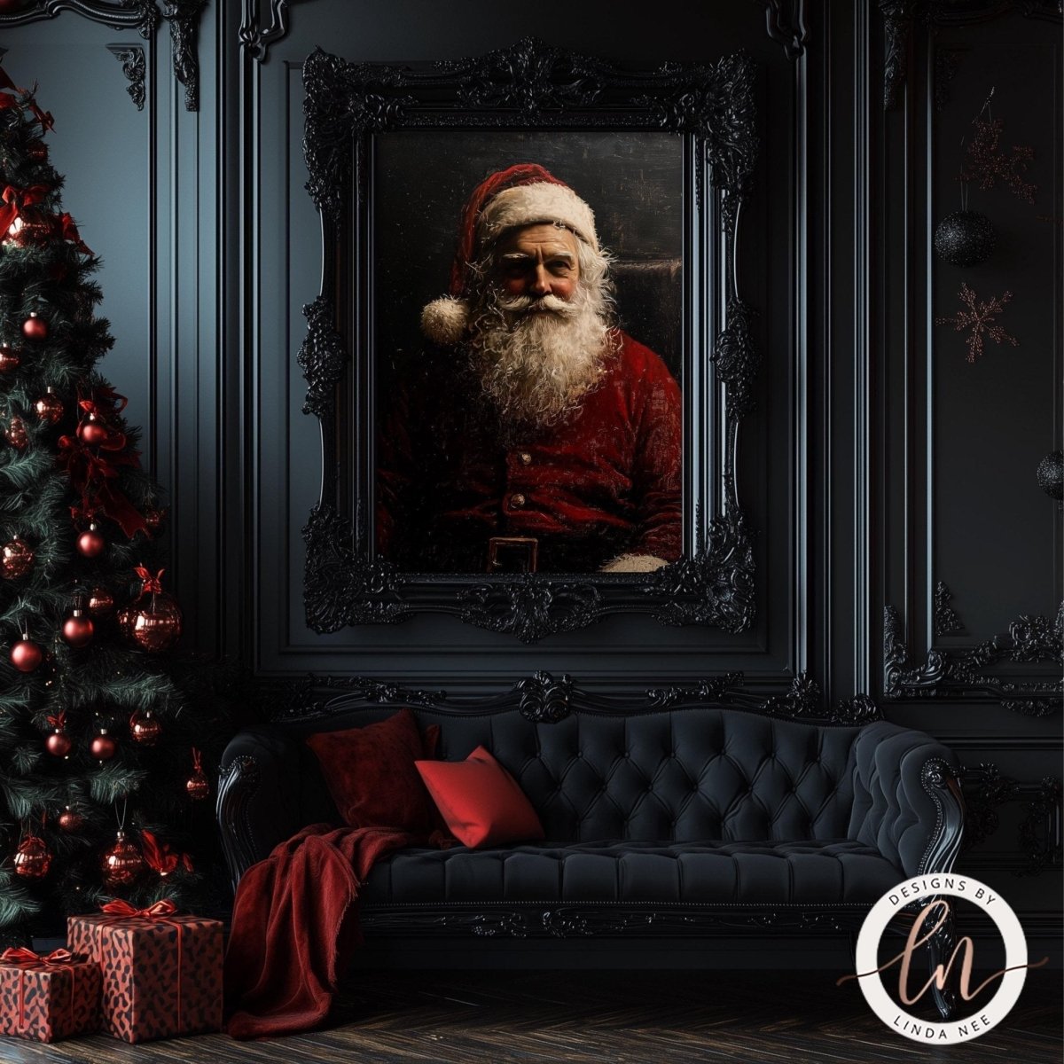 Vintage Santa portrait on a dark wall above a black couch with red pillows