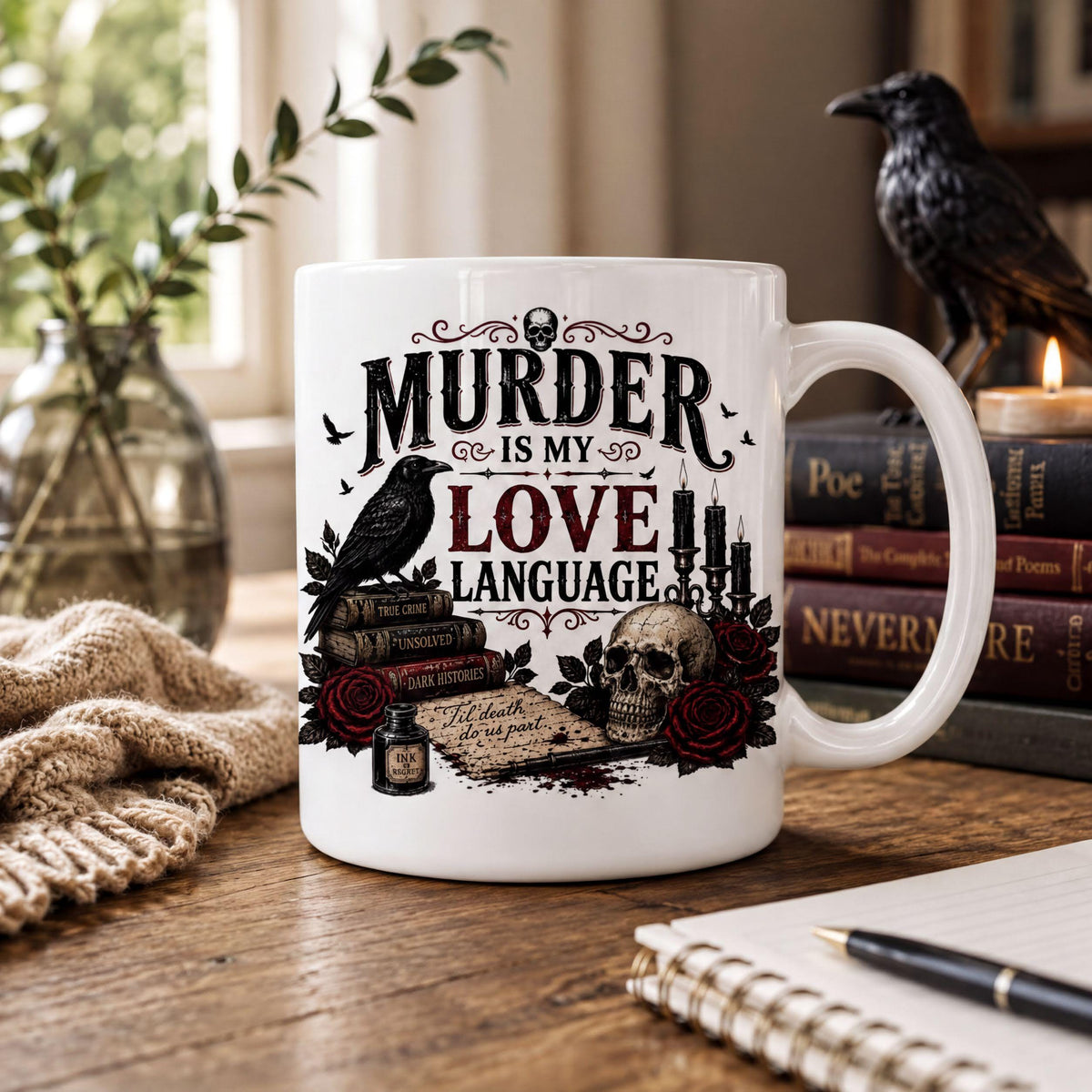Gothic raven mug on a wooden desk with a raven figurine, a stack of old books, a lit candle, a knit throw and a notebook