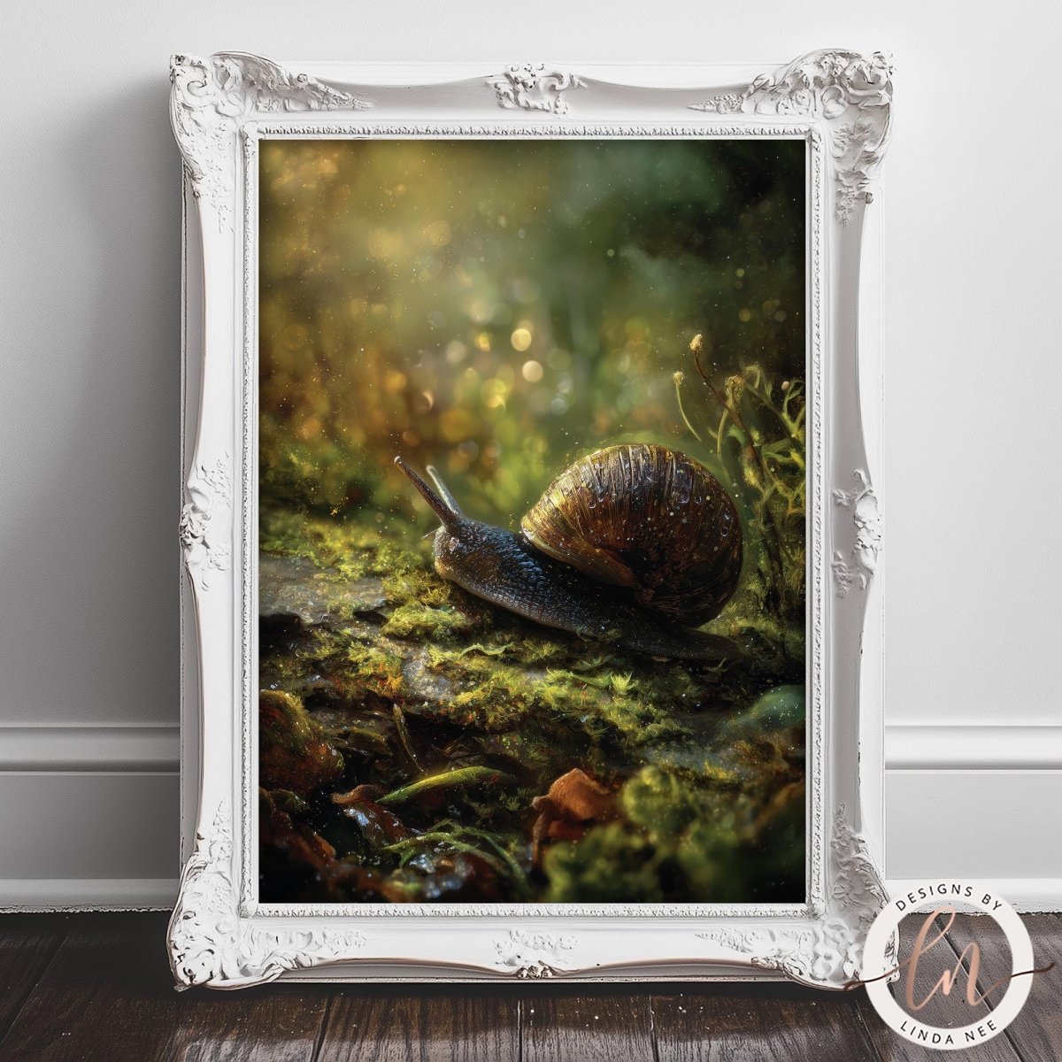 A snail with a brown shell is resting on a mossy rock in a lush, green environment.