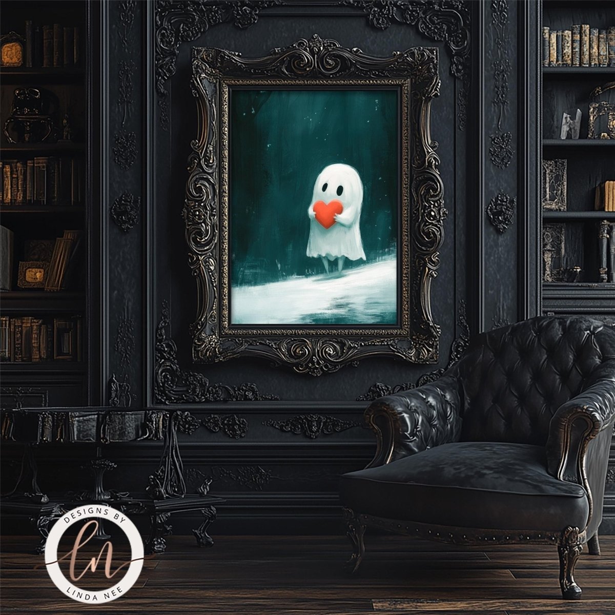 The image is a framed artwork depicting a ghost holding a red heart, set against a dark green background with a white border.