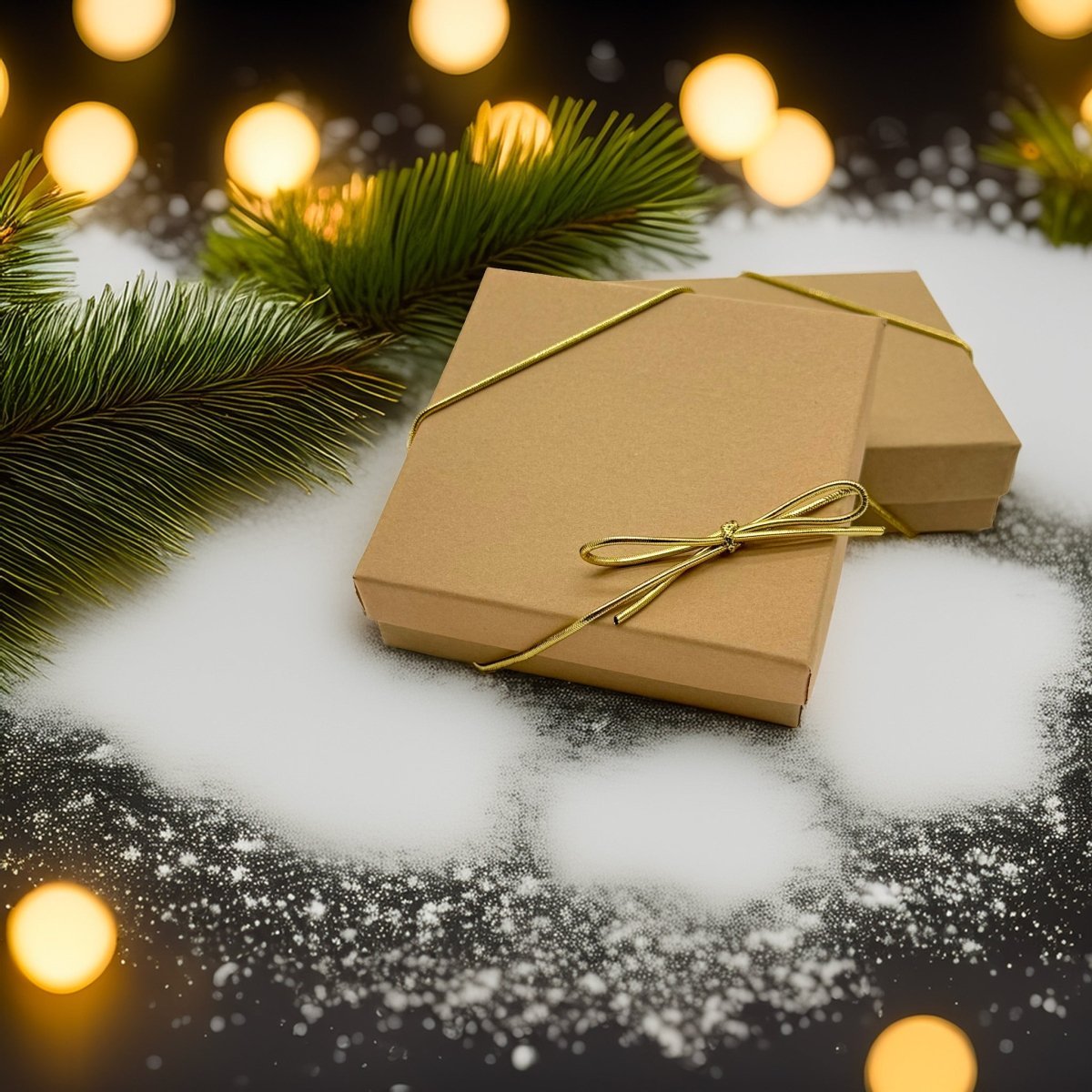 A pair of brown gift boxes with a gold bow tied around them, placed on a snowy surface with pine branches and twinkling lights in the background.