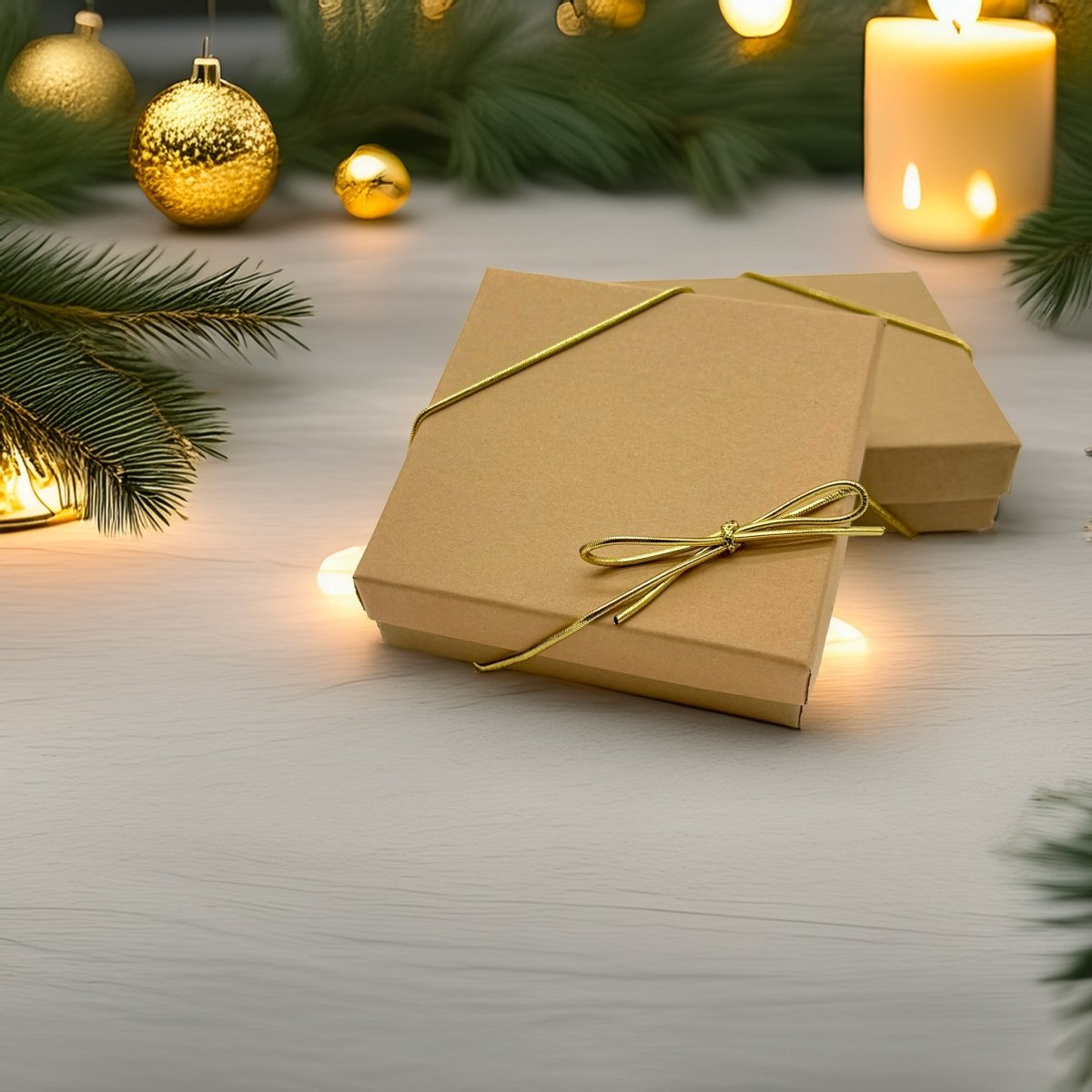 two brown gift boxes with gold bows, placed on a white surface with Christmas decorations in the background, including gold ornaments and a lit candle.