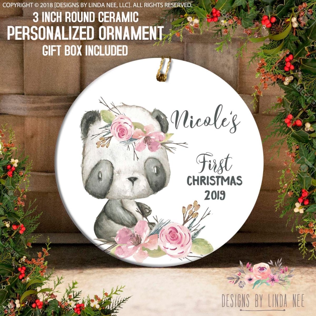 Round ceramic personalized ornament with panda design and floral elements, surrounded by Christmas decorations.