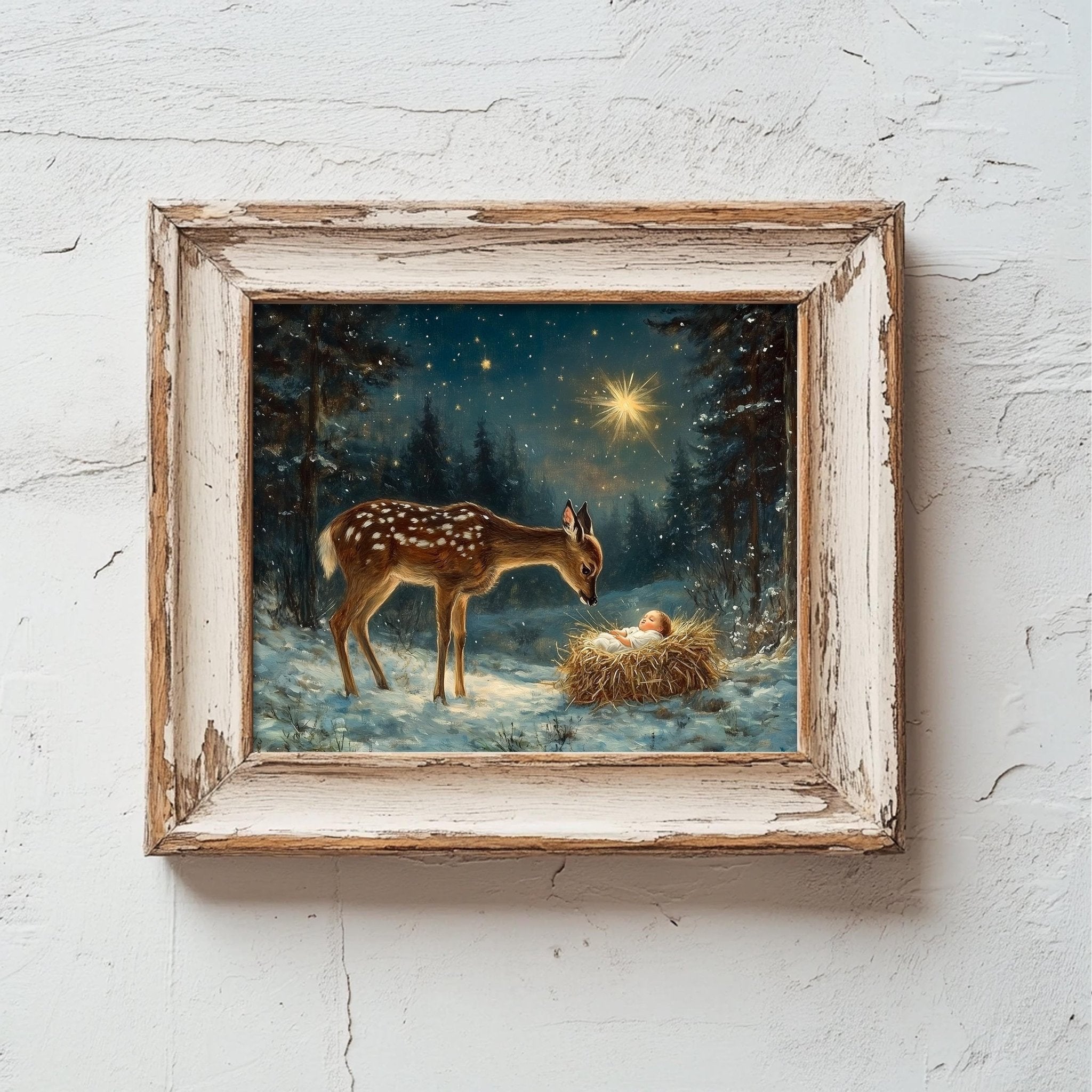 Baby Jesus and Deer Nativity Print - Religious Christmas ArtA savior is born