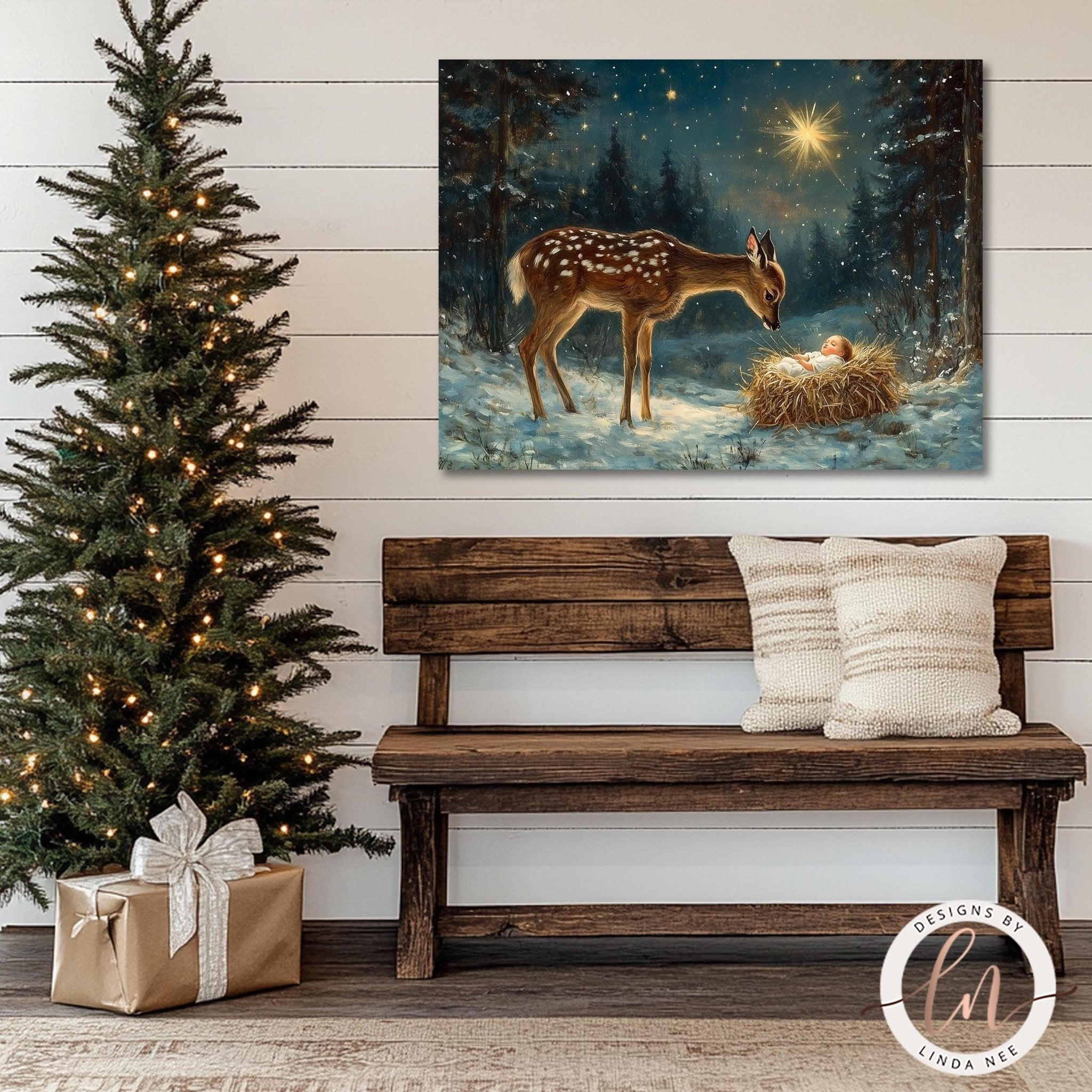 a serene winter scene with a deer standing in a snowy forest, gazing at a baby deer nestled in a nest. The scene is set against a backdrop of a starry night sky, with a beautifully decorated Christmas tree and a wooden bench in the foreground.