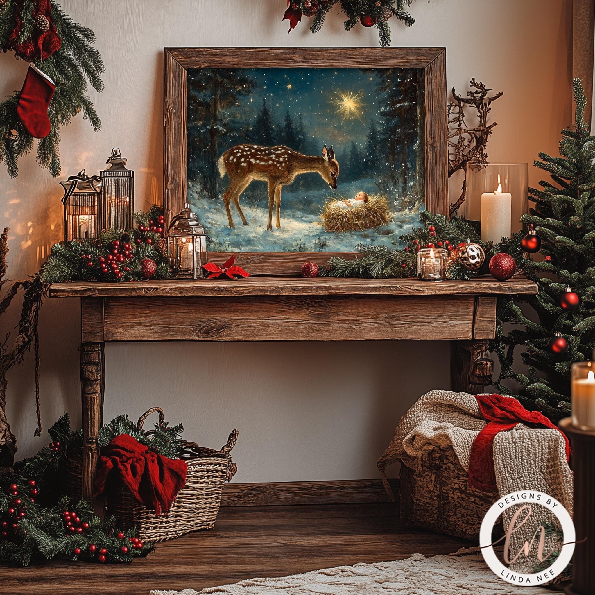 a cozy and festive Christmas scene, featuring a wooden table adorned with holiday decorations such as a Christmas tree, ornaments, and a nativity scene. A deer is peacefully grazing in the snowy landscape, and a star shines brightly in the night sky. The table is also decorated with baskets, candles, and other holiday items, creating a warm and inviting atmosphere.