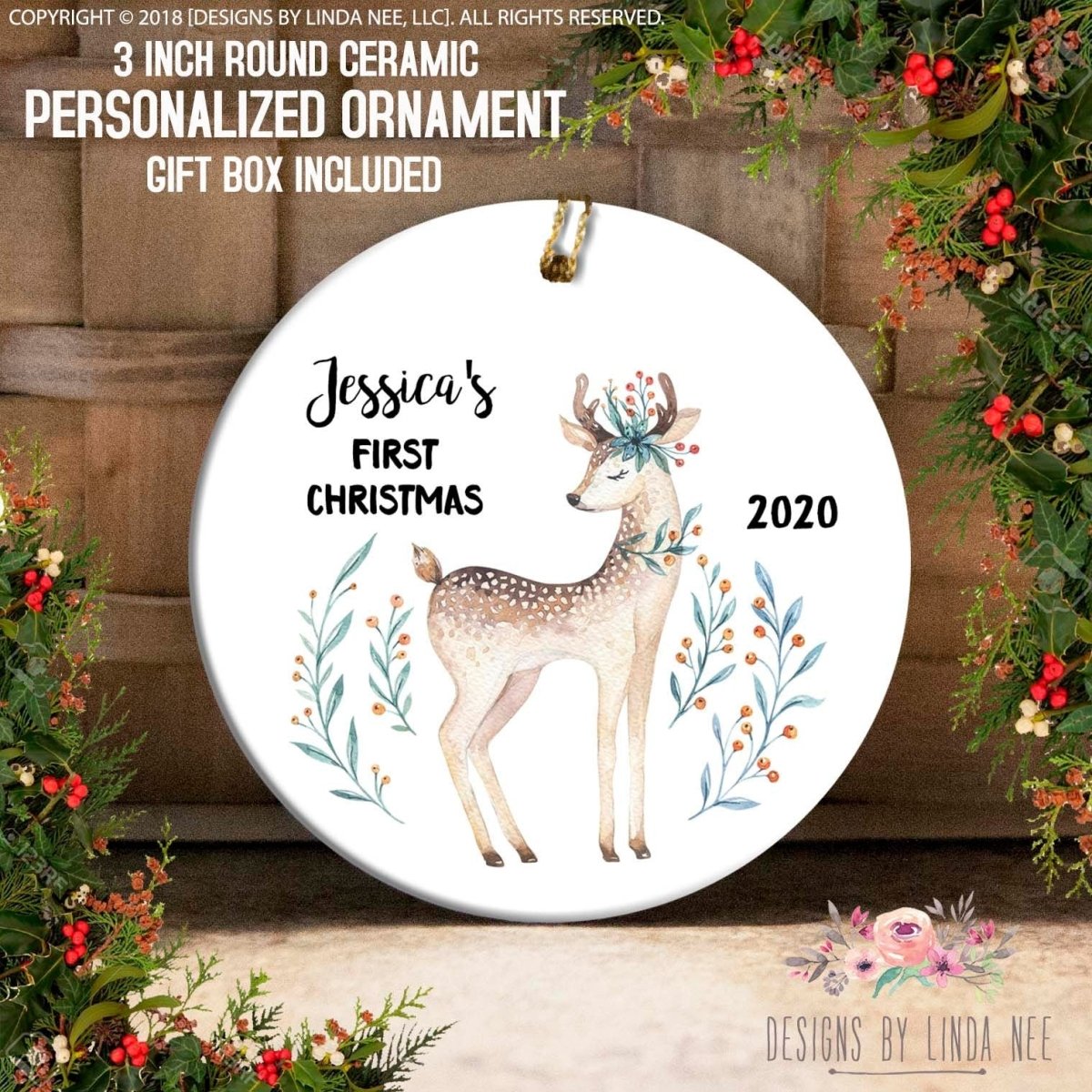 Decorative ornament with a deer illustration and text 'Jessica's First Christmas 2020' on a white background.