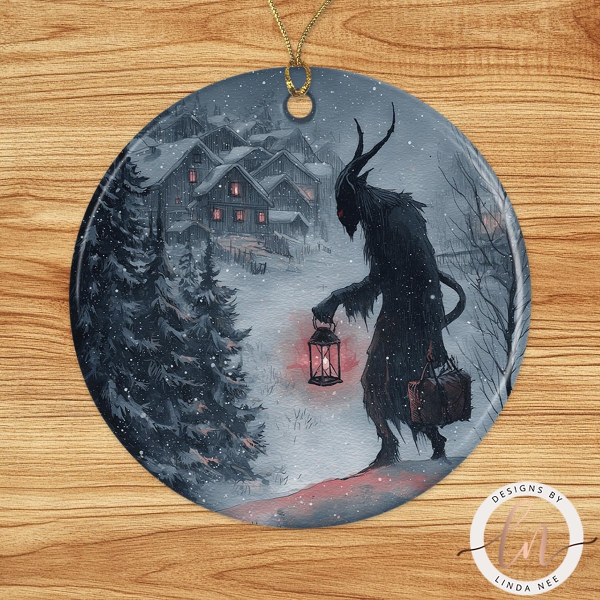 A dark, ominous figure with horns and a glowing red lantern is walking through a snowy village, with houses and trees visible in the background.