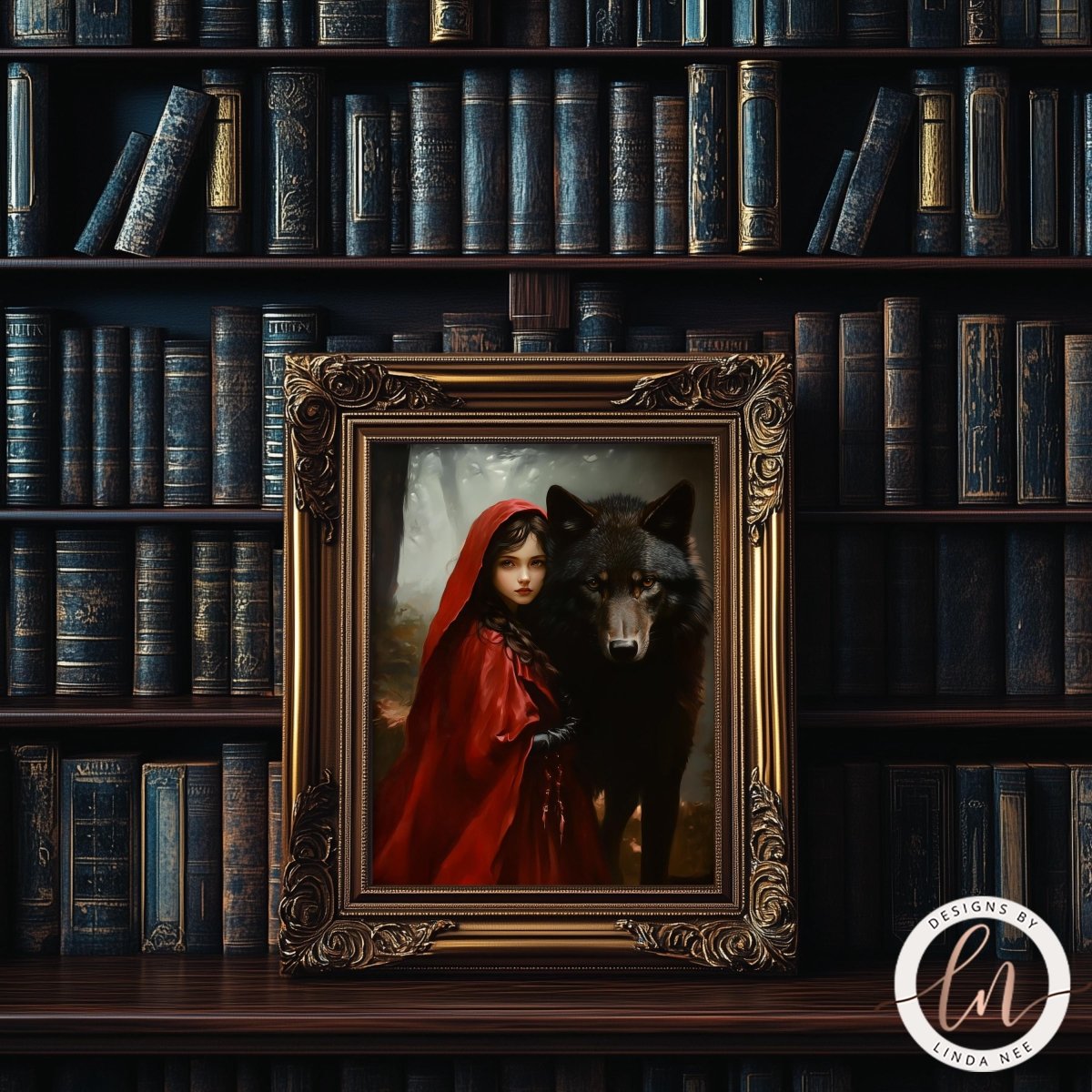 Wolf and red hood in the mist print displayed with bookshelves
