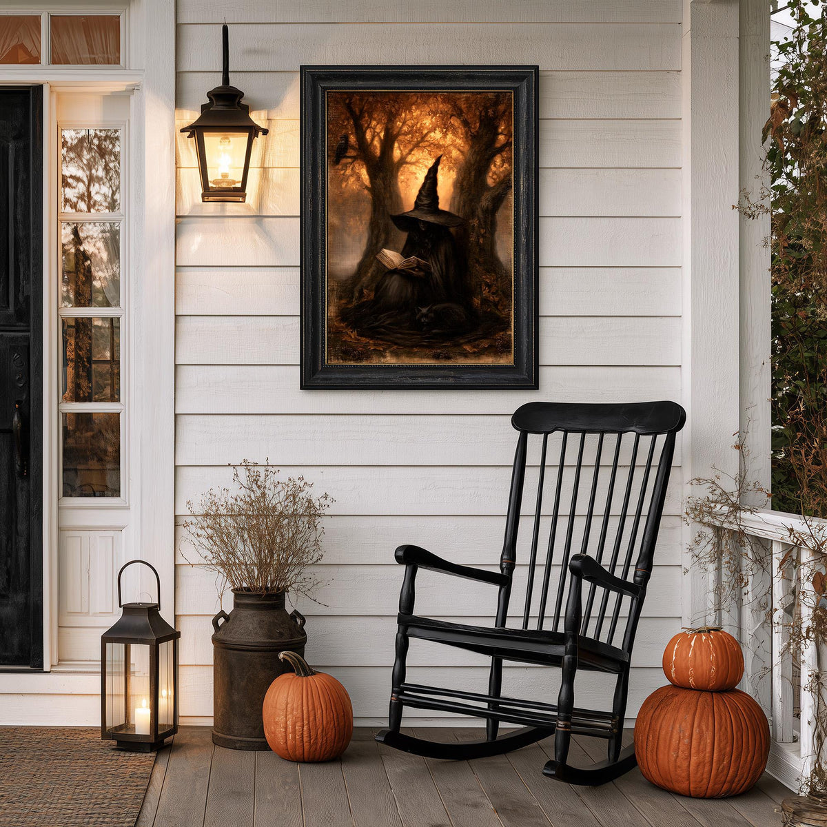 Porch with a black rocking chair, two pumpkins, and the reading witch print