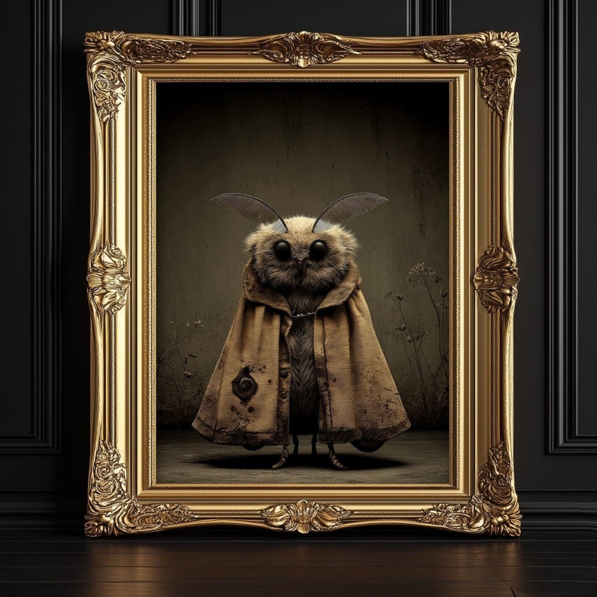 Hooded moth creature with large eyes standing in shadow