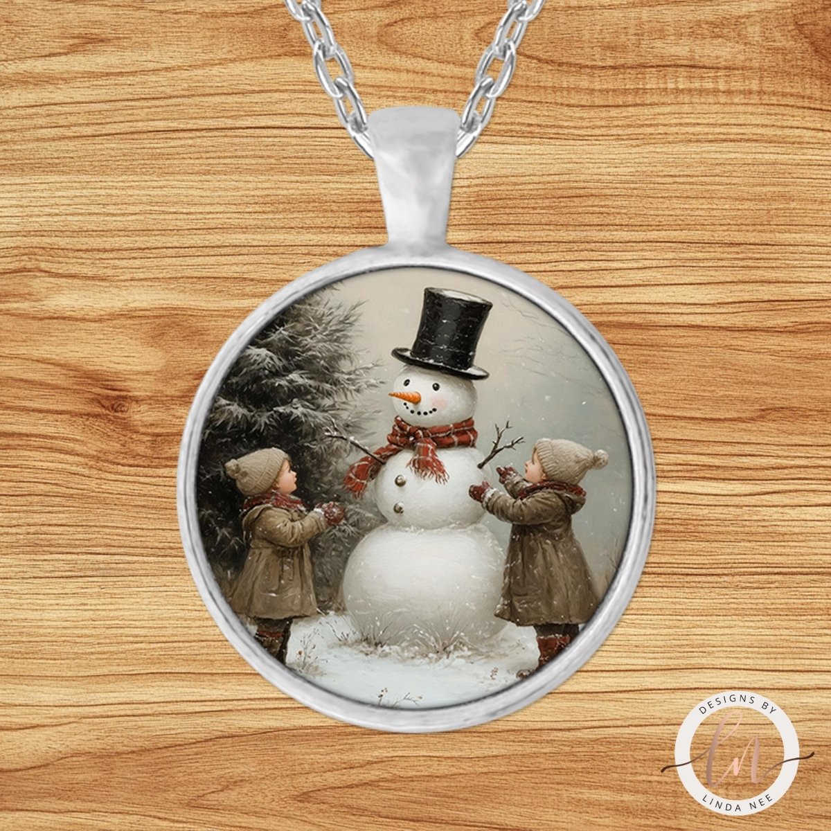 Vintage Children & Snowman Pendant Necklace