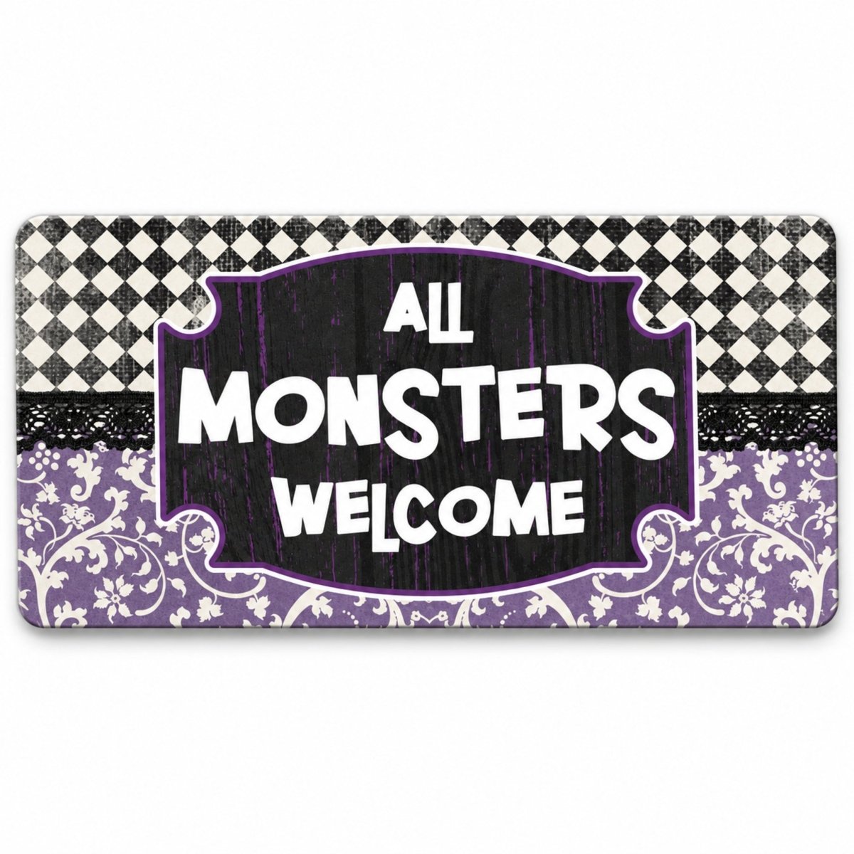 Purple All Monsters Welcome 6x12 metal wreath sign in purple and black lettering