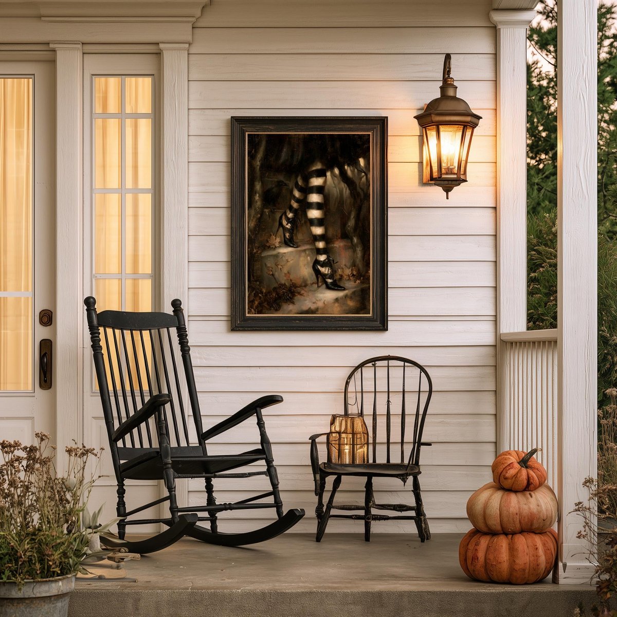 Covered porch with stacked pumpkins, a rocking chair, and the stockings print above