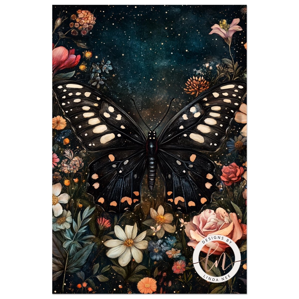 Vivid illustration of a butterfly among flowers under a starry sky