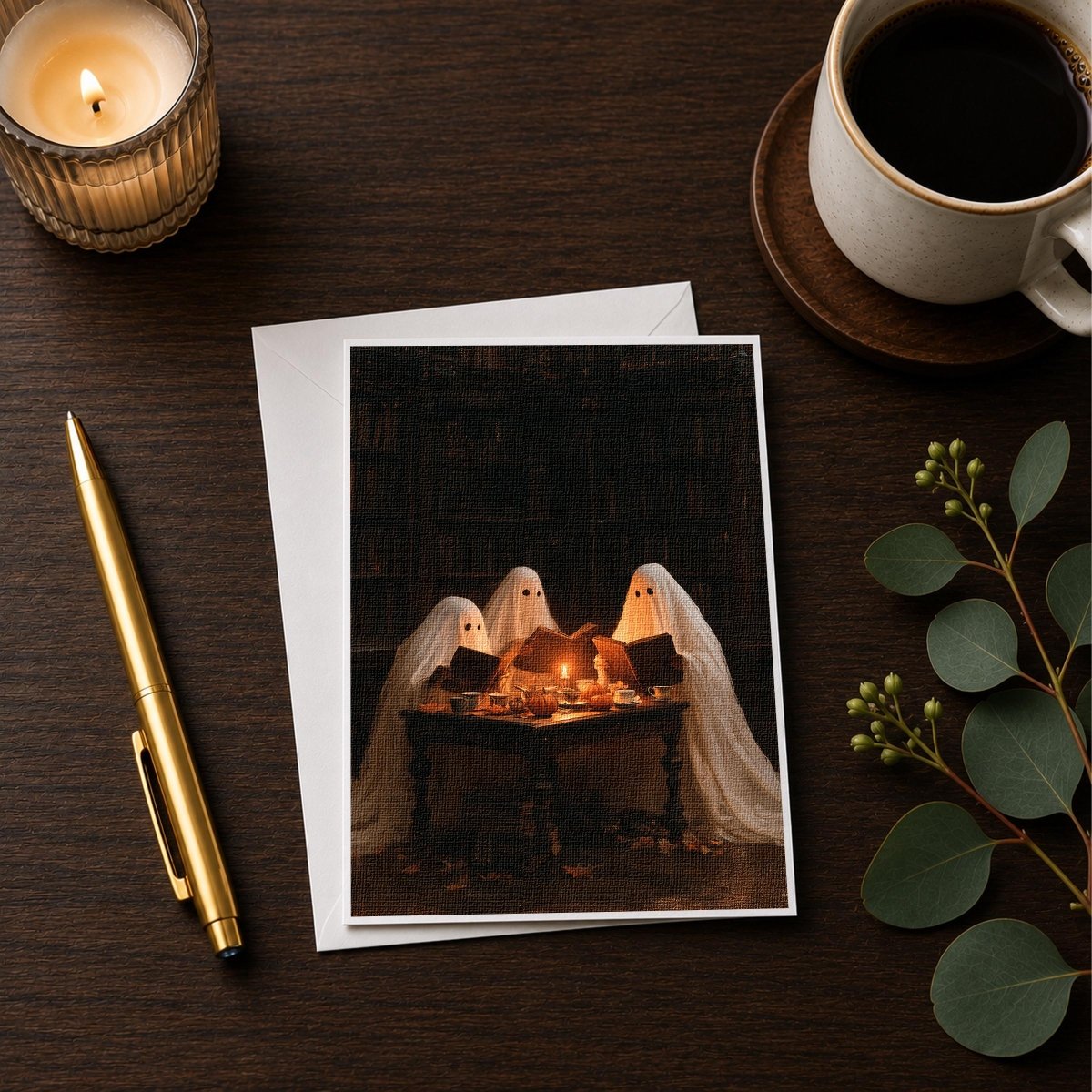 Ghost Book Club Halloween note card styled with books and a candle