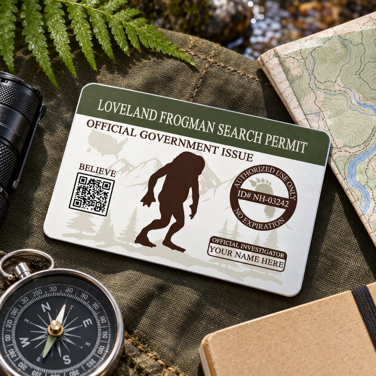 a Loveland Frogman search permit card, which is an official government document, placed on top of a compass, a map, and a notebook.