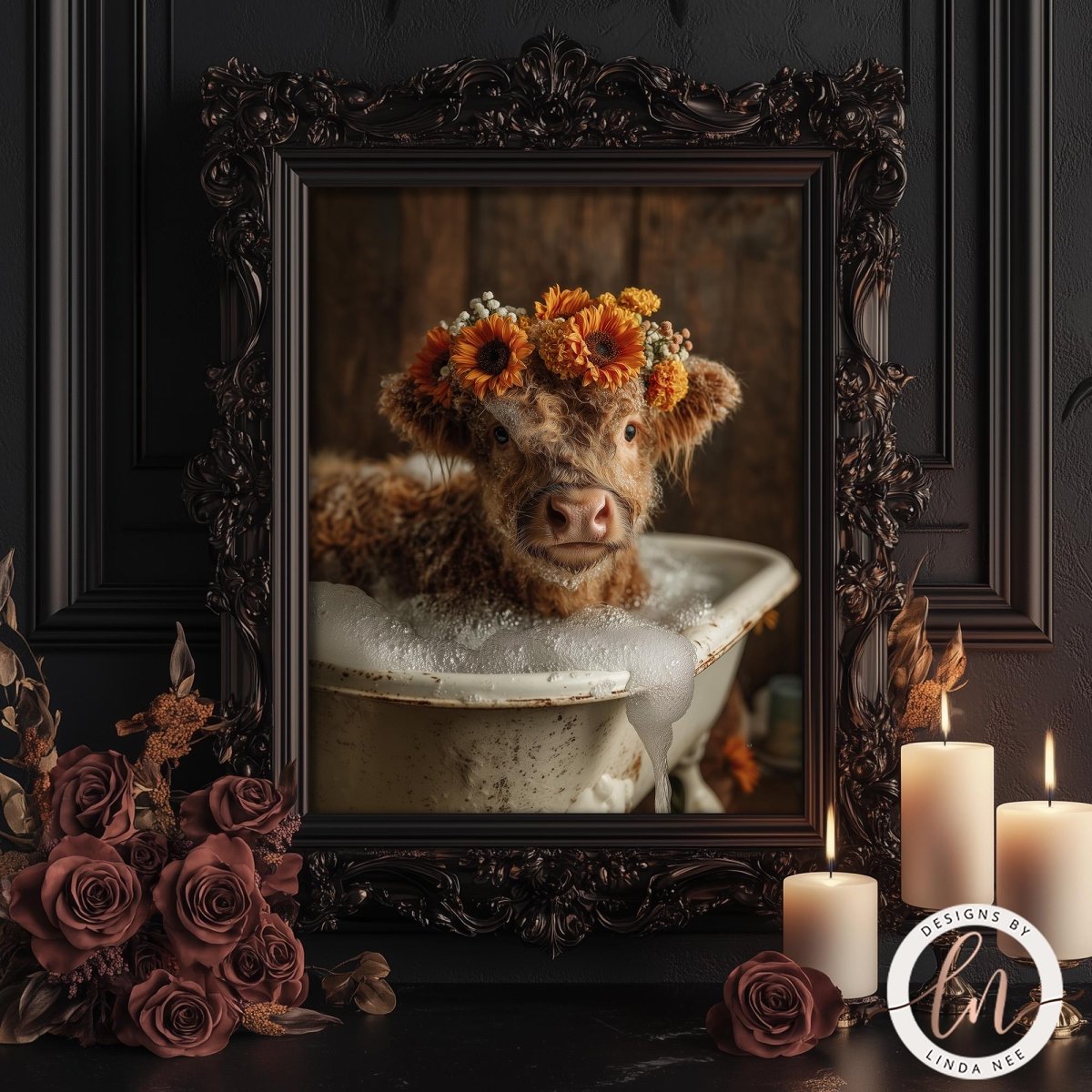 A framed photograph of a cow wearing a flower crown, sitting in a bathtub filled with bubbles, surrounded by candles and flowers.