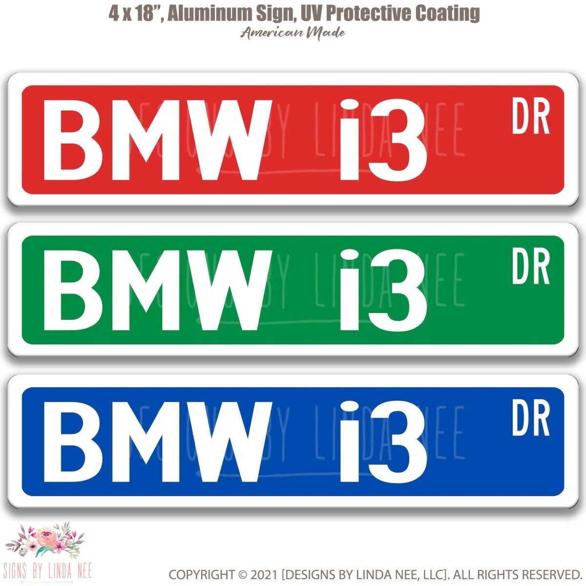 BMW i3 DR street name sign shown in three aluminum color options