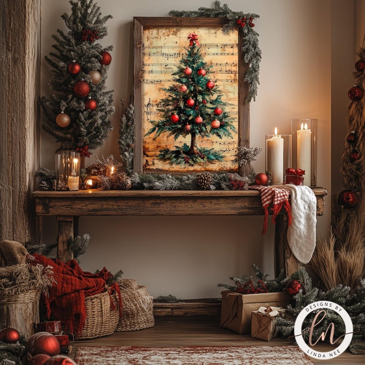 Sheet music Christmas wall art shown on a rustic wooden wall with garland