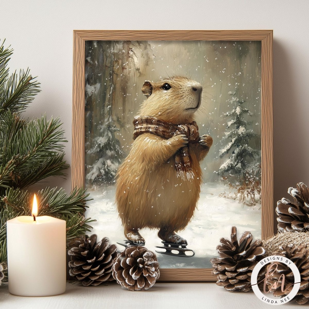 Capybara ice skating on a frozen pond in winter