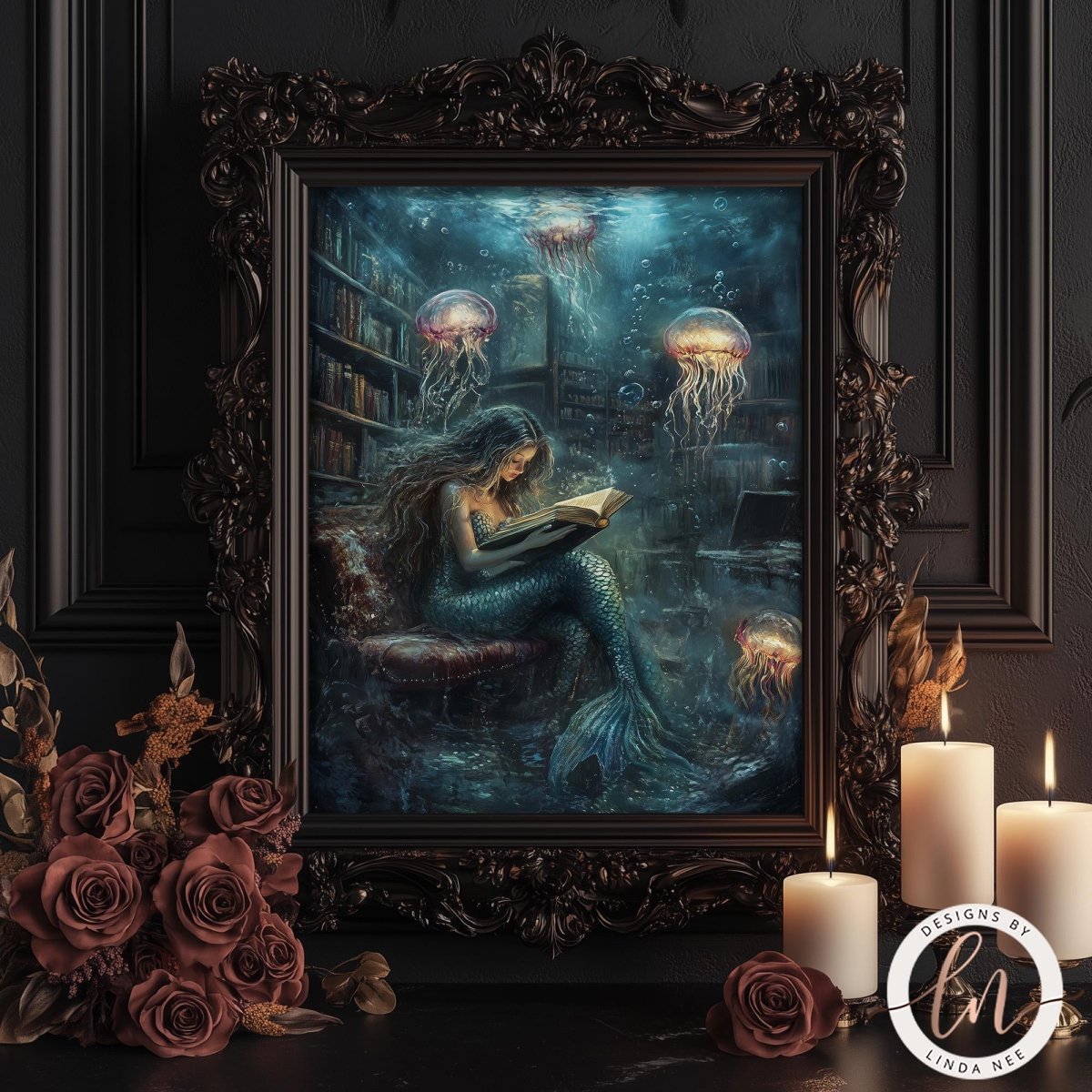The image is a painting of a mermaid reading a book, surrounded by jellyfish and a dark, mysterious atmosphere.