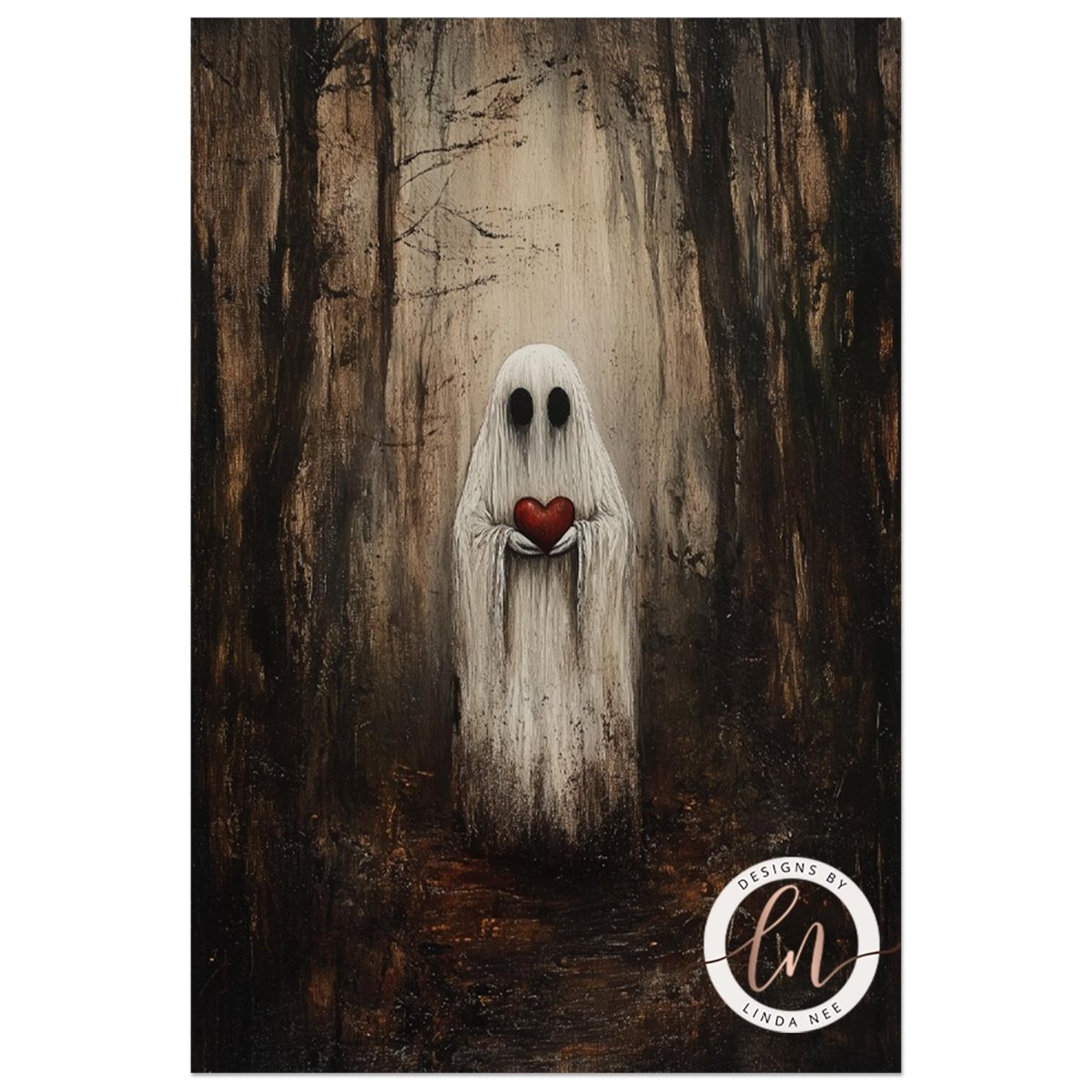 Ghost with heart art print styled in a moody forest setting