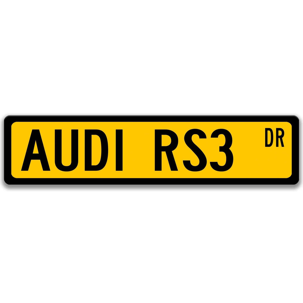 Yellow Audi RS3 DR aluminum street sign with black lettering