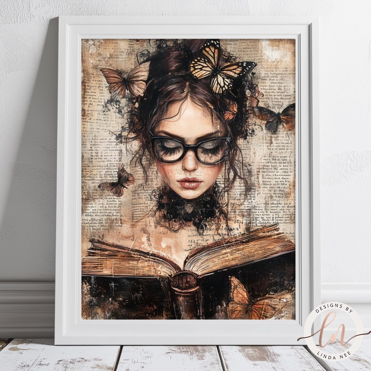 A framed artwork depicting a woman with a book in her hands, surrounded by butterflies and a textured background.