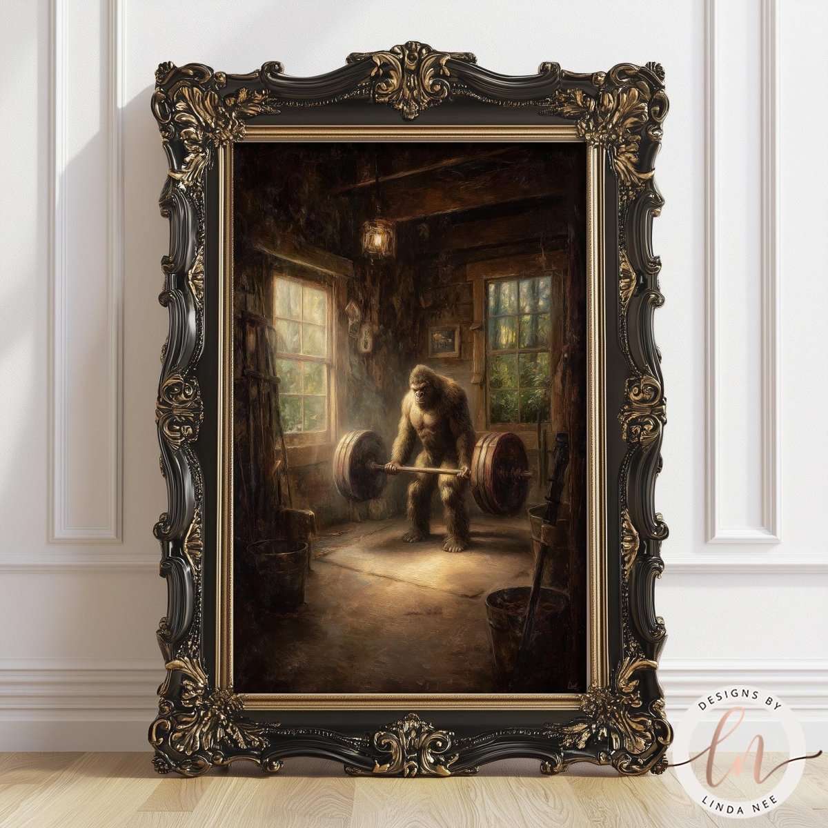 The image is a painting of a man lifting a barbell in a rustic setting, with a large ornate frame surrounding the artwork.