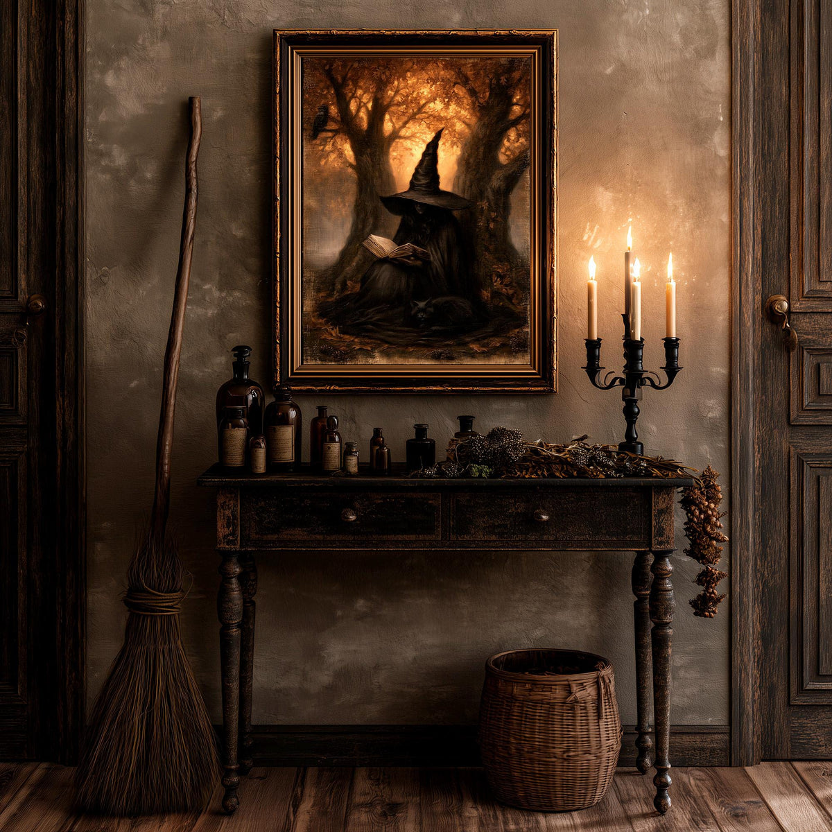 Witchcore print displayed above a dim table set with candles and glass bottles