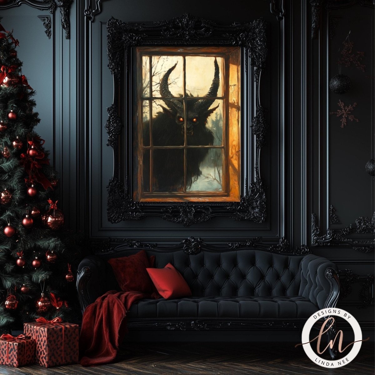 Krampus poster displayed in a dark room with a decorated tree and deep red sofa