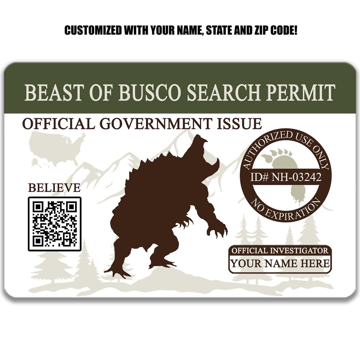 The image is a custom-made "BEAST OF BUSCO SEARCH PERMIT" official government identification card. It features a silhouette of a creature resembling a bear or a similar animal, along with a QR code and a barcode. The card is designed to be personalized with a name, state, and zip code, and it is an official government issue.