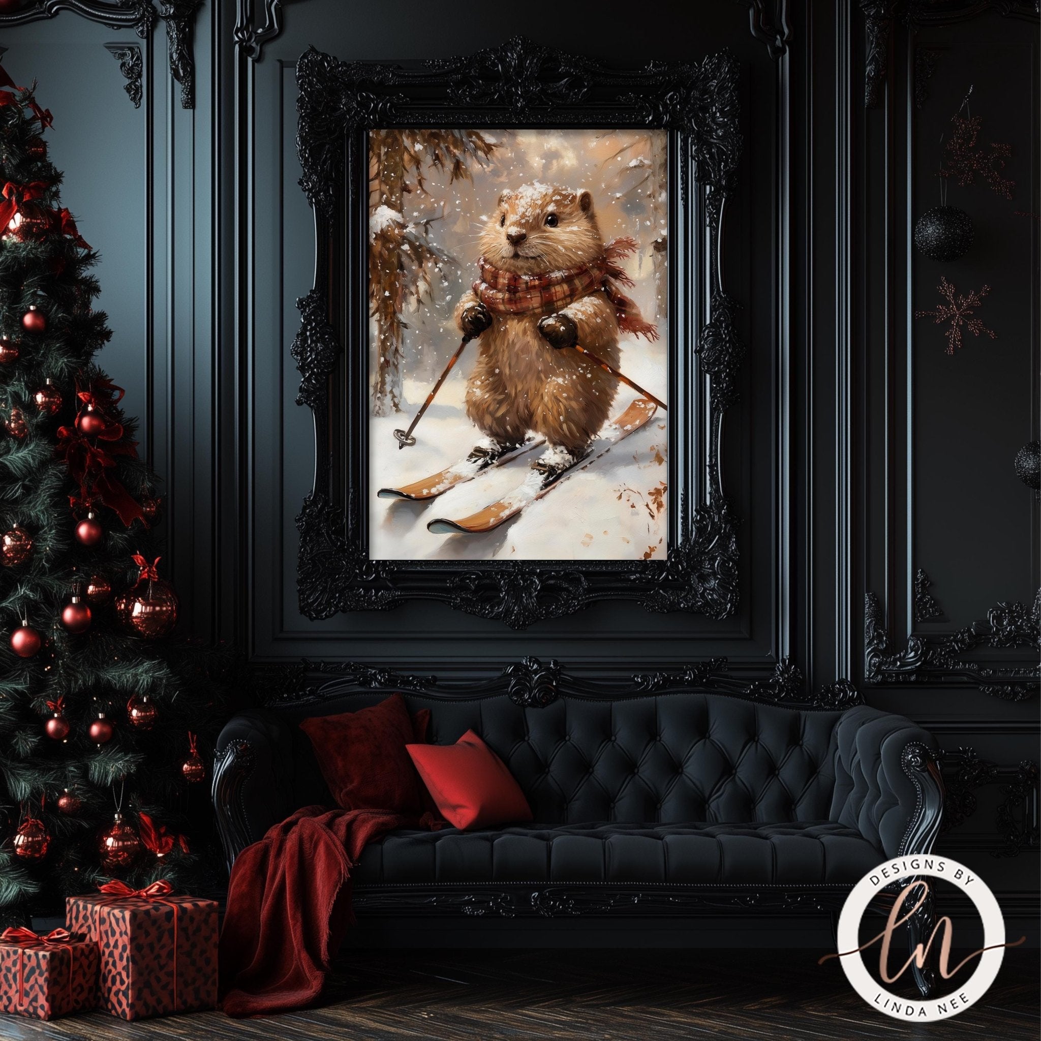 Beaver Skiing Art - Metal & Fine Print for Winter Decoradorable kids art