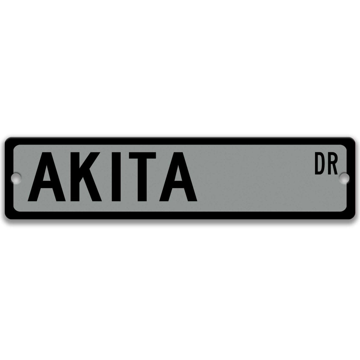 Gray Akita DR aluminum street sign with black lettering