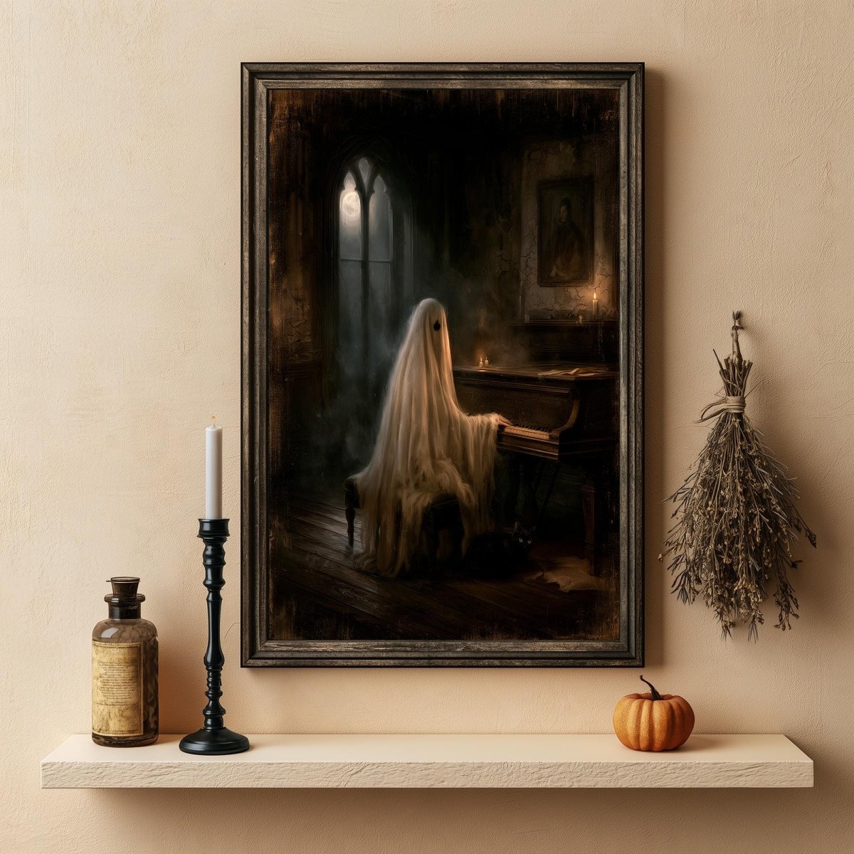 Ghost piano wall art above a shelf holding a candle and an apothecary bottle