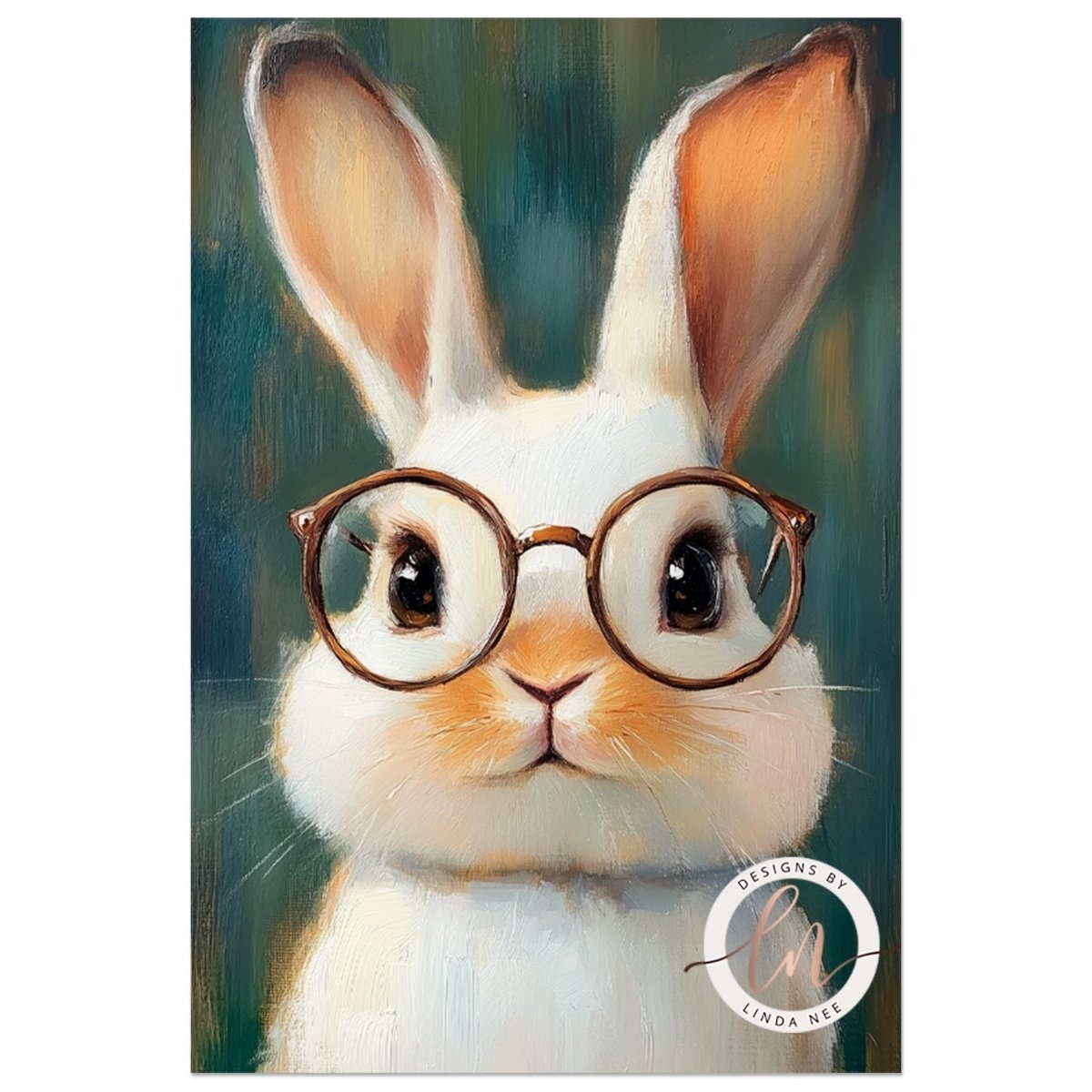A white rabbit wearing glasses and looking directly at the camera.