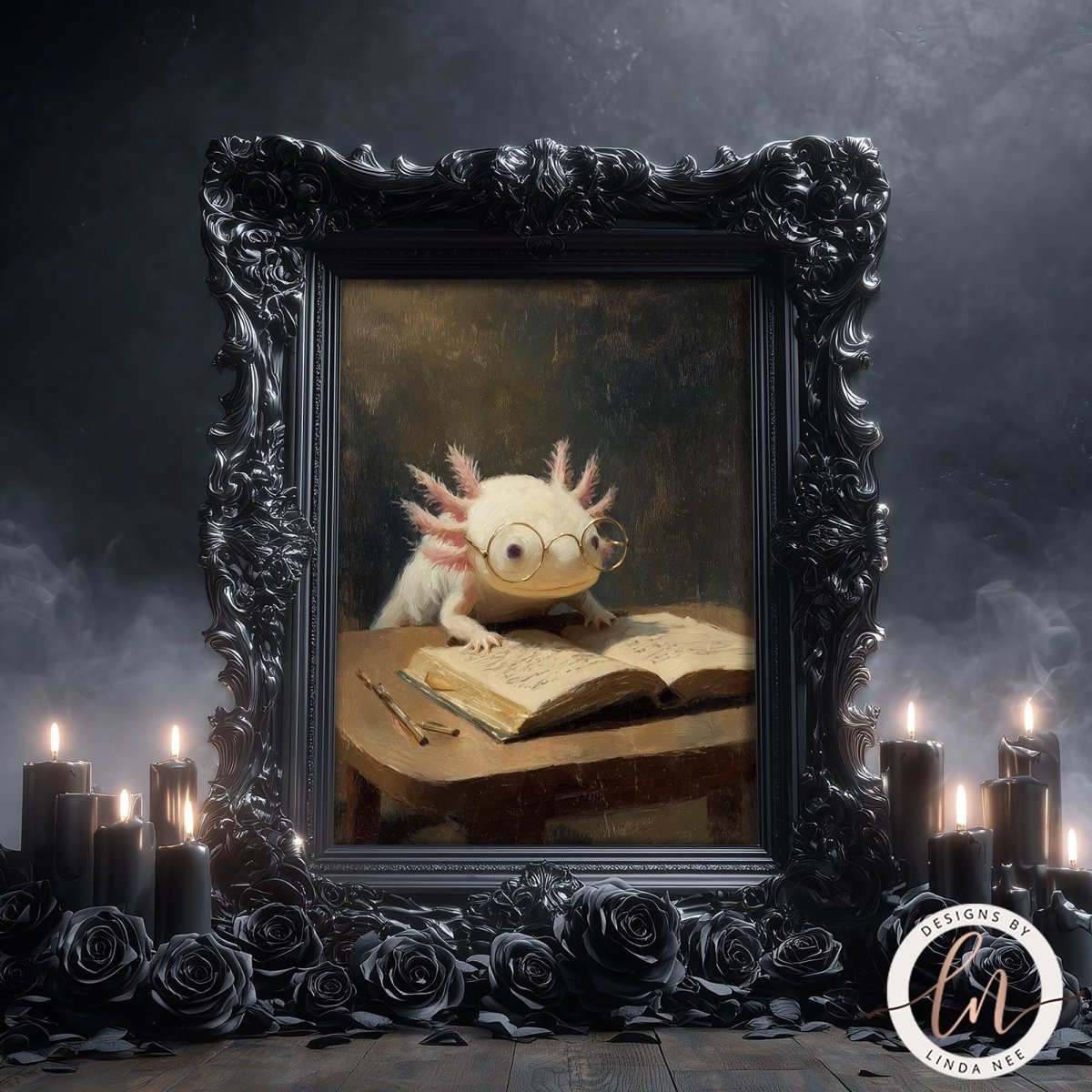 A framed painting of a white amphibian, possibly a salamander or lizard, sitting at a desk and reading a book. The painting is surrounded by candles and a dark, moody background.