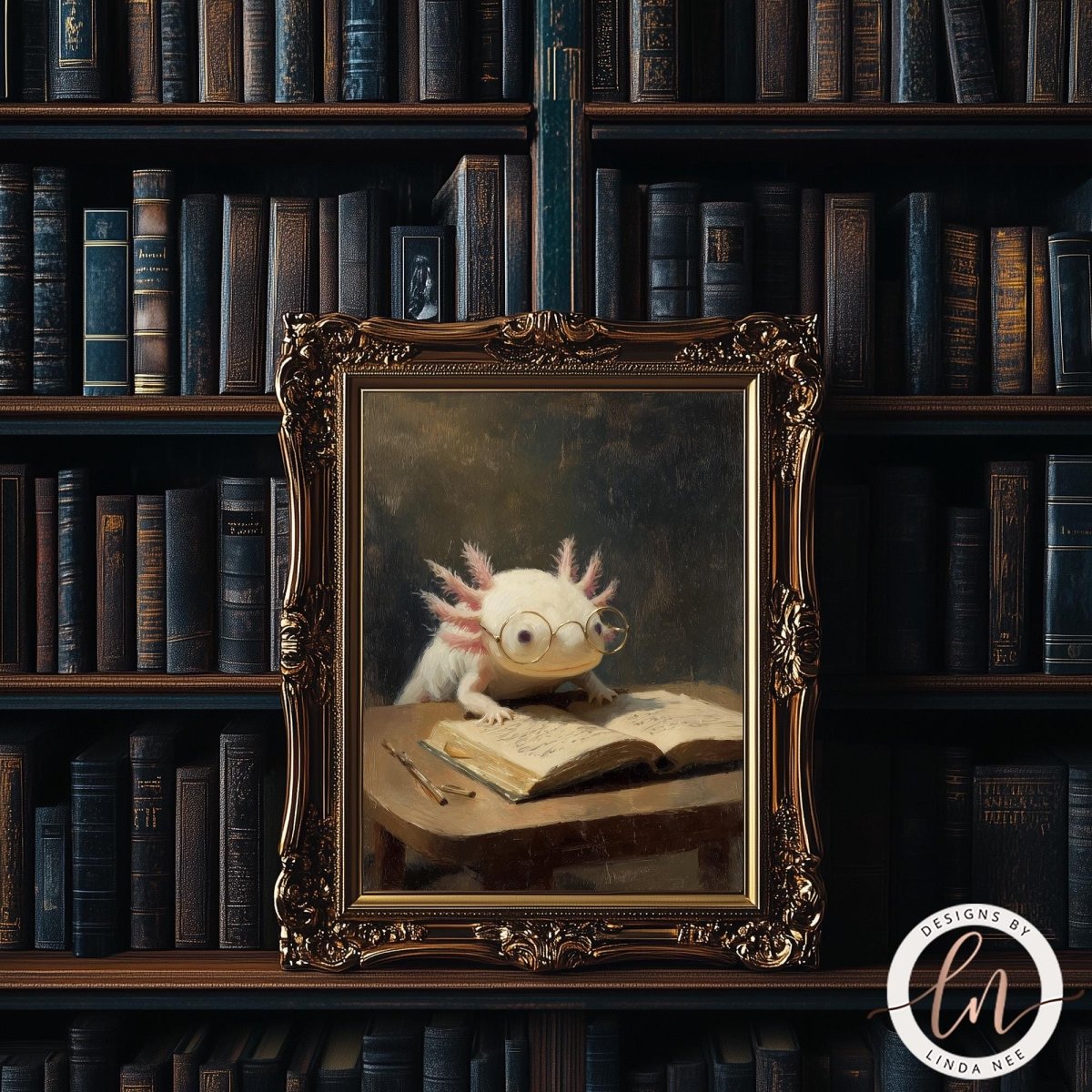 A framed painting of a white amphibian, possibly a salamander or lizard, sitting on a table and reading a book. The painting is set against a backdrop of a bookshelf filled with books.