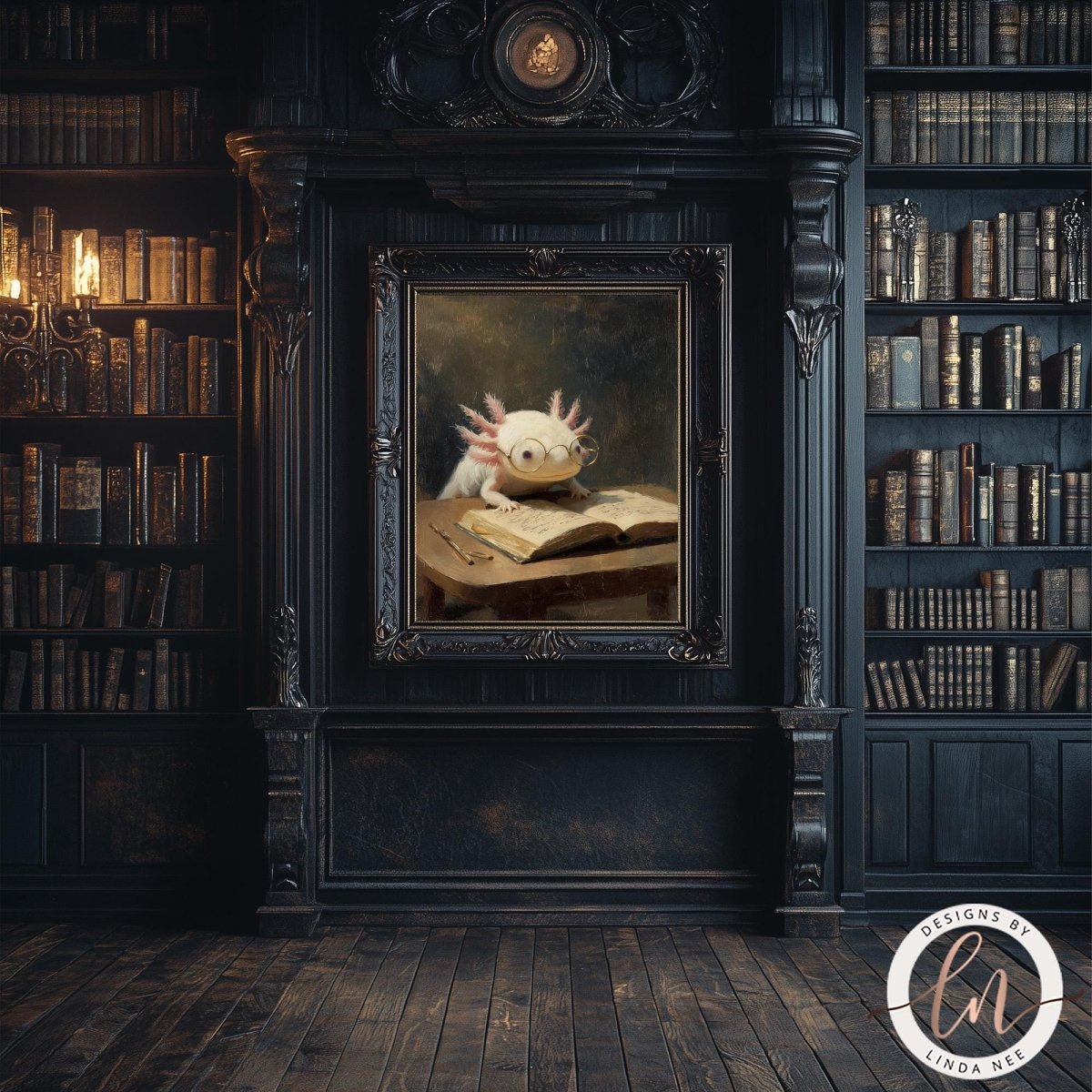 a painting of a white amphibian, possibly a salamander or lizard, sitting on a book and holding a book in its mouth. The painting is framed in an ornate black frame and is displayed on a wall in a room with bookshelves.