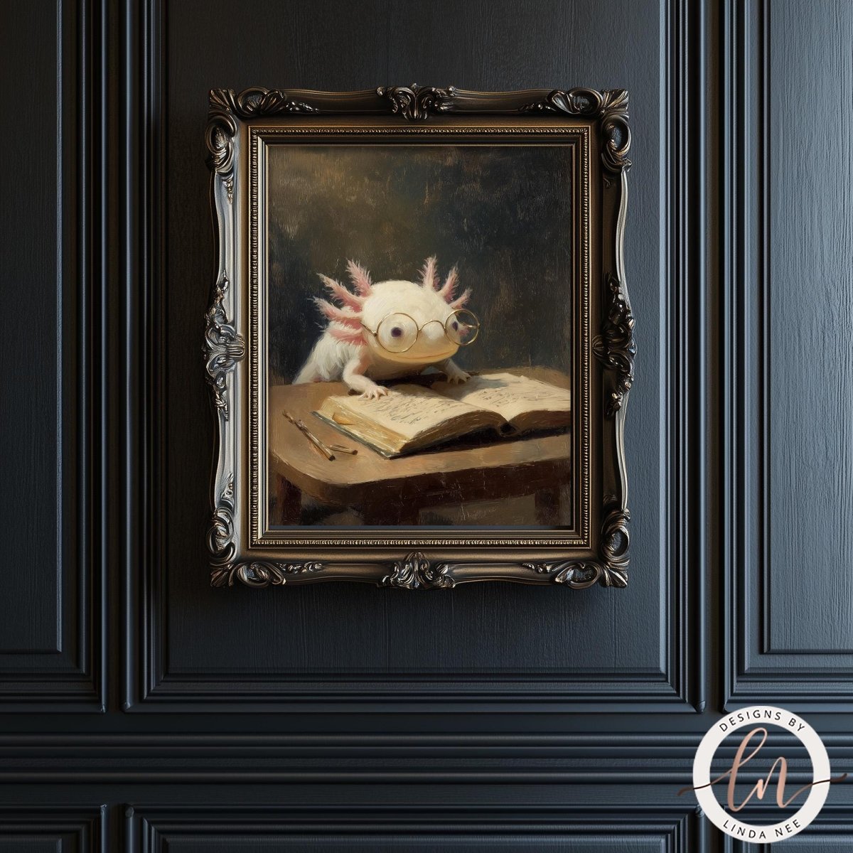 The image is a painting of a white amphibian, possibly a salamander or lizard, sitting at a desk and reading a book.