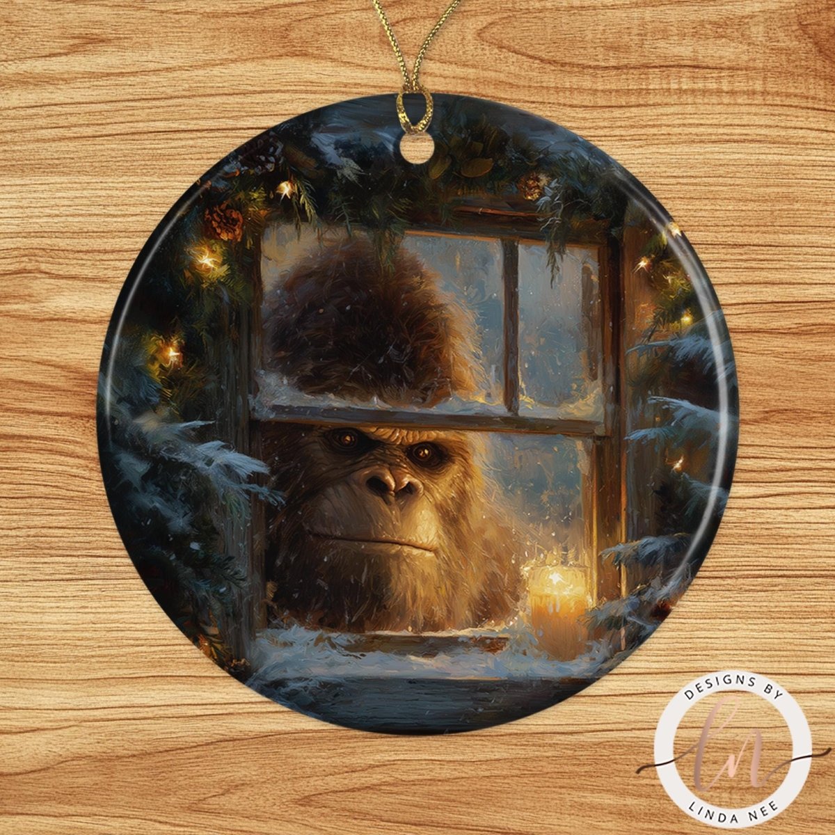 A ceramic ornament depicting a large, furry creature peering out from a window, with a candle and snow visible outside.