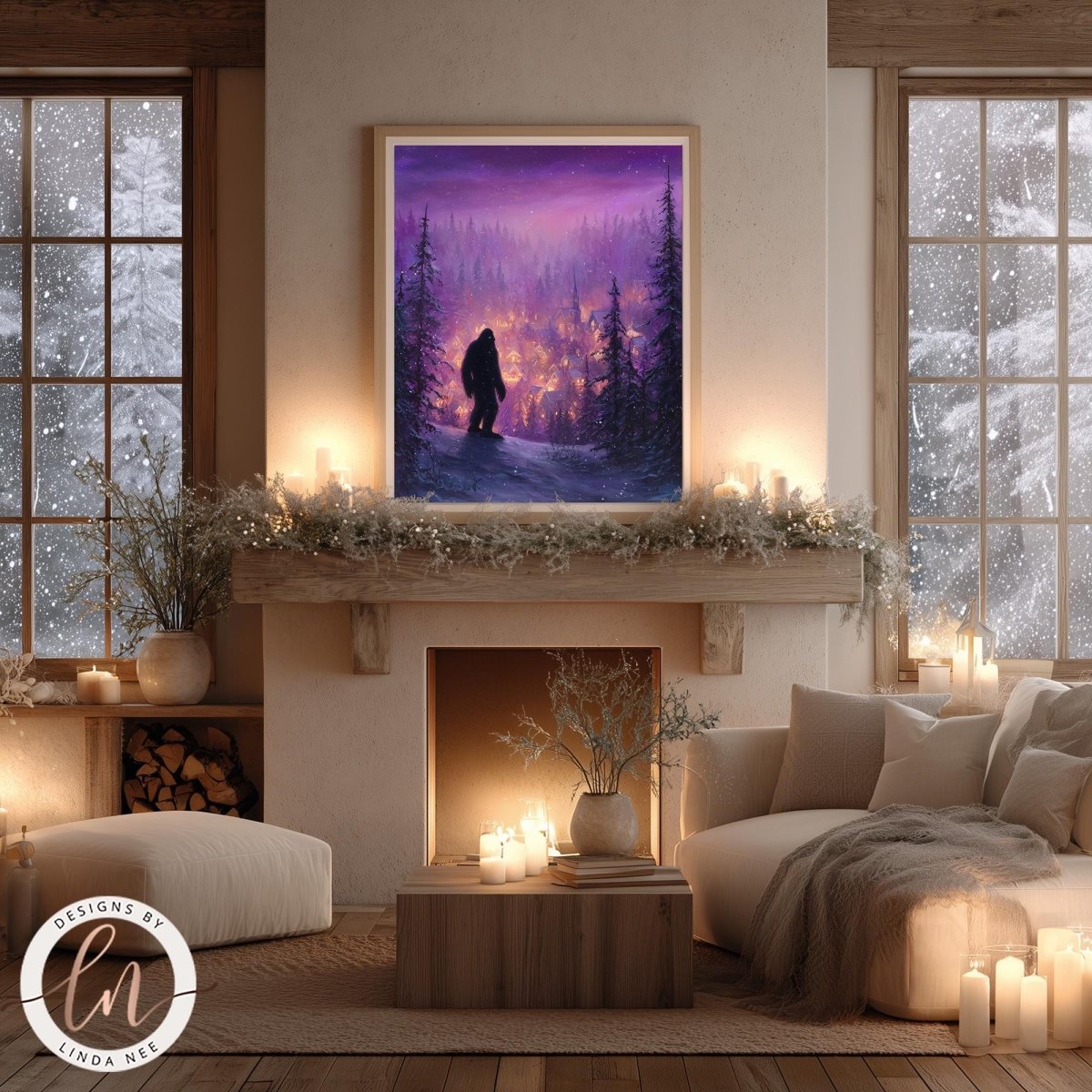 a cozy living room with a fireplace, a large framed painting of a person in a snowy forest, and a comfortable couch. The room is decorated with candles, greenery, and a warm, inviting atmosphere.