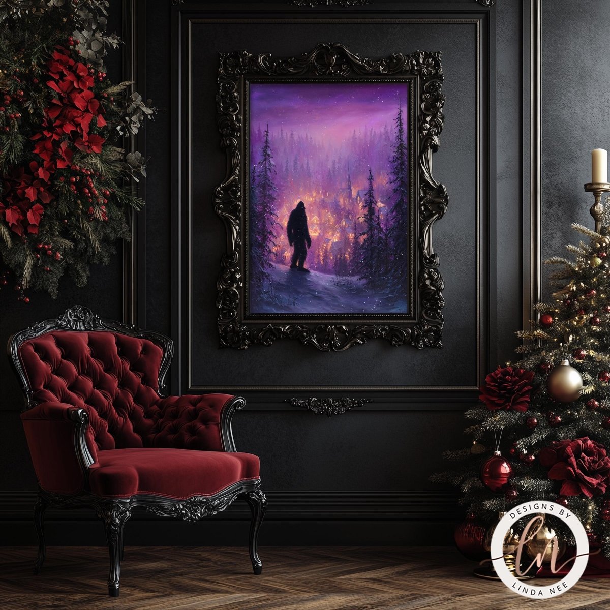 a dark, gothic-style room with a red velvet chair, a framed painting of a forest scene, and a Christmas tree decorated with red and gold ornaments.