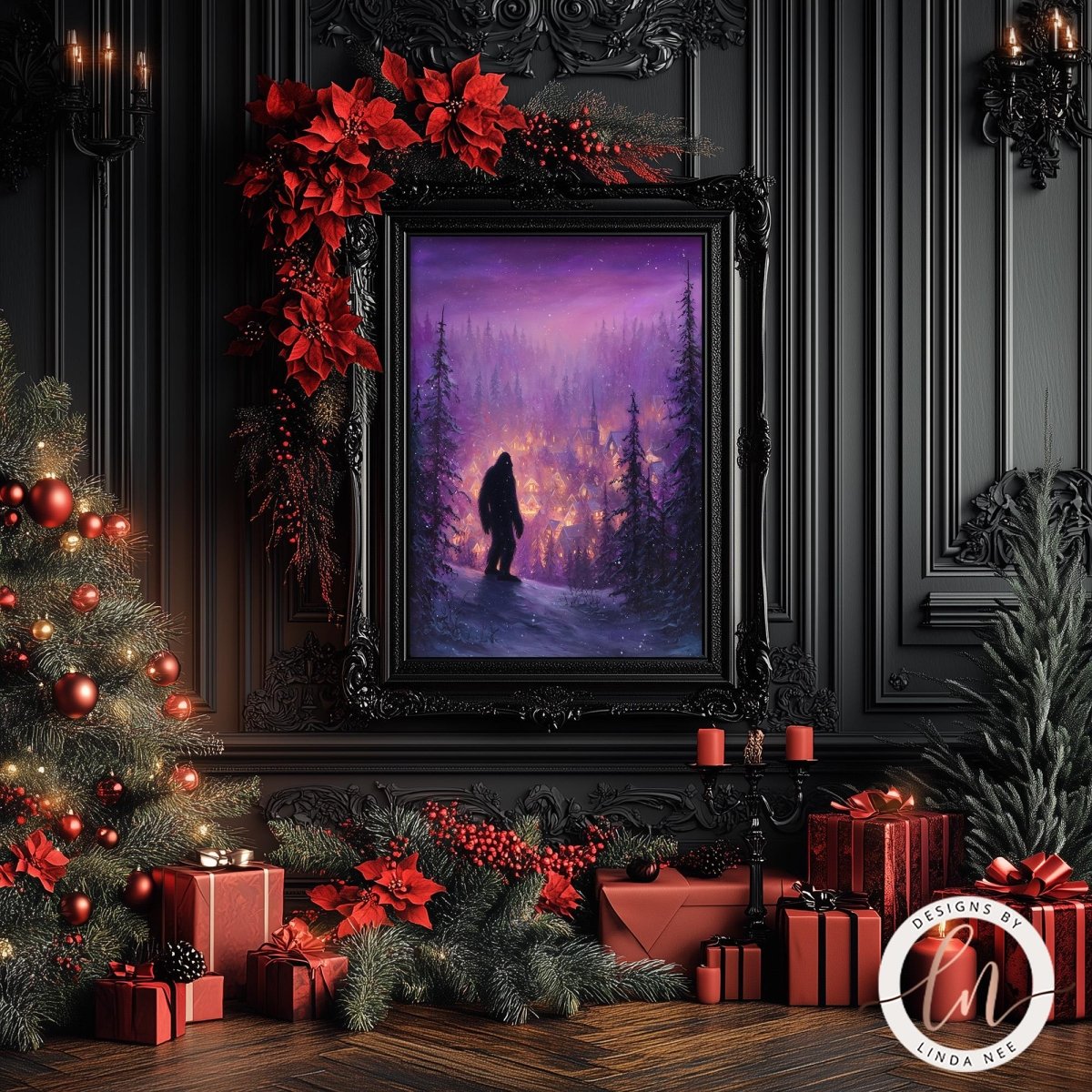 a festive Christmas scene with a framed painting of a snowy forest landscape, a decorated Christmas tree, and red poinsettias. The painting is displayed on a dark wall, and the room is adorned with red and gold ornaments, tinsel, and a wreath. The overall atmosphere is warm and inviting, with the holiday decorations and the painting evoking a sense of tranquility and celebration.